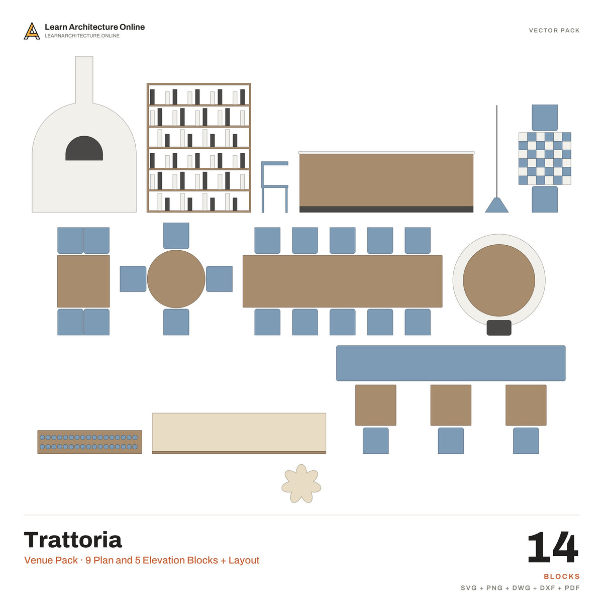 Venue Pack: Trattoria (9 Plan and 5 Elevation Blocks + Layout)