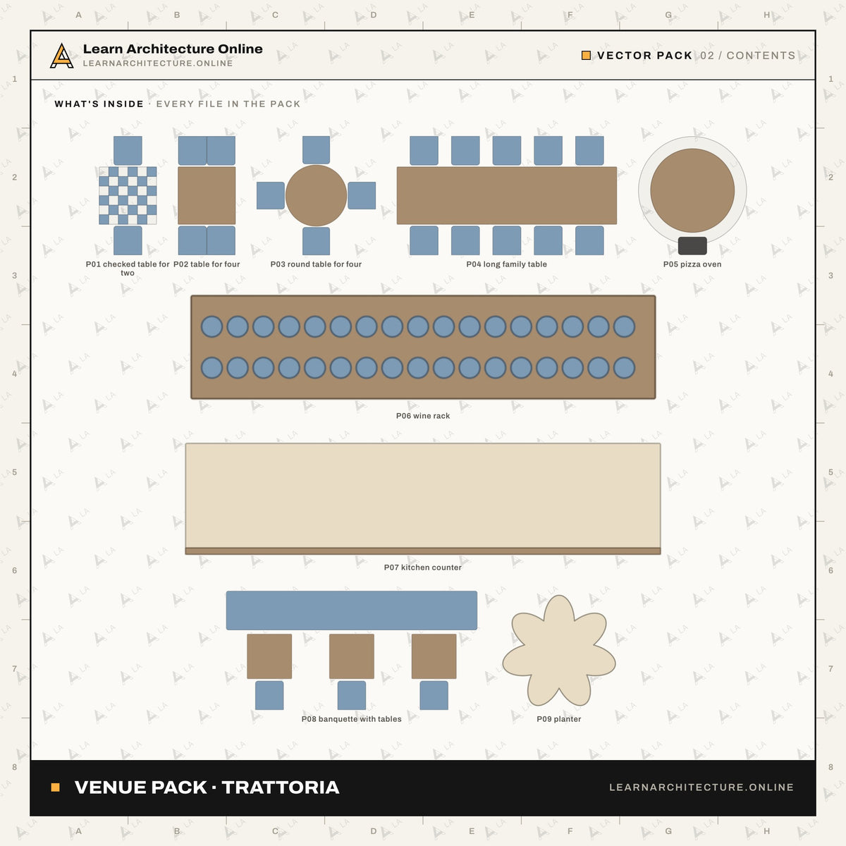 Venue Pack: Trattoria (9 Plan and 5 Elevation Blocks + Layout)