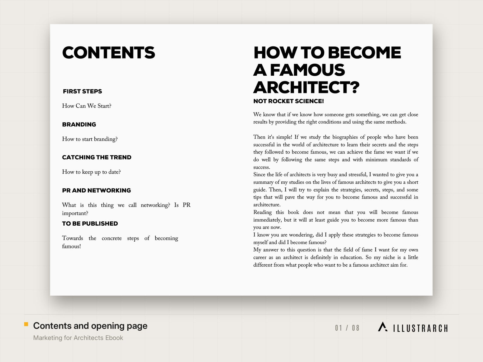 Marketing for Architects Ebook: contents and opening page