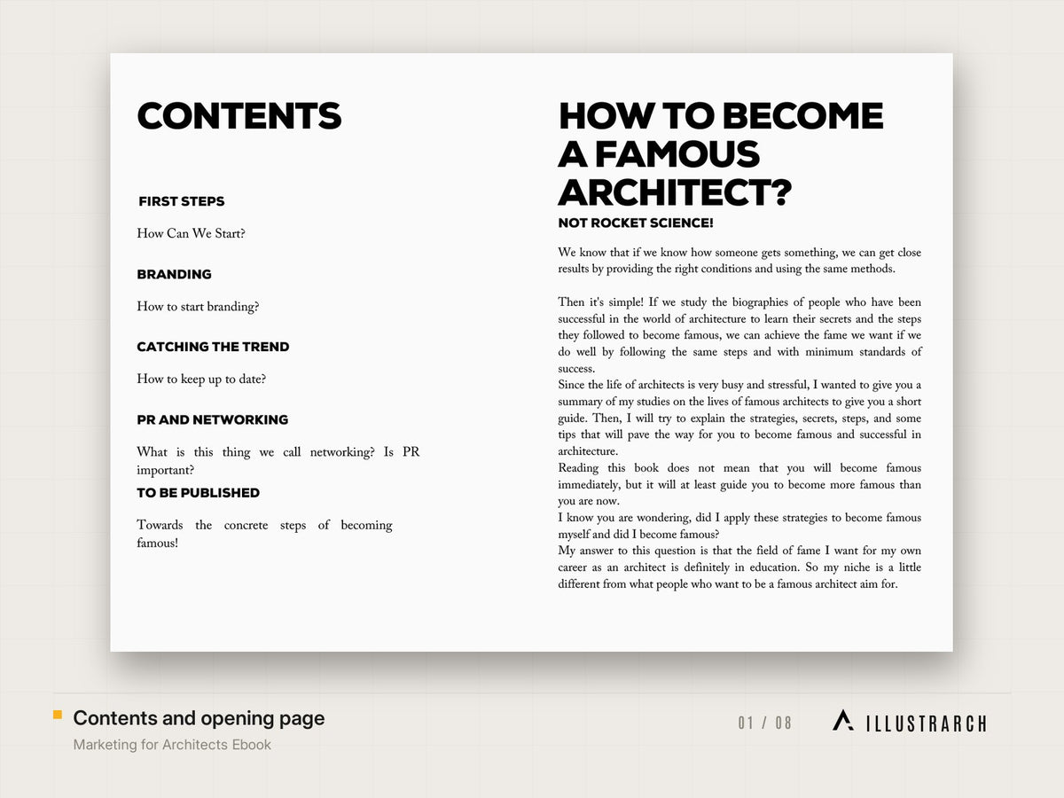 Marketing for Architects Ebook: contents and opening page