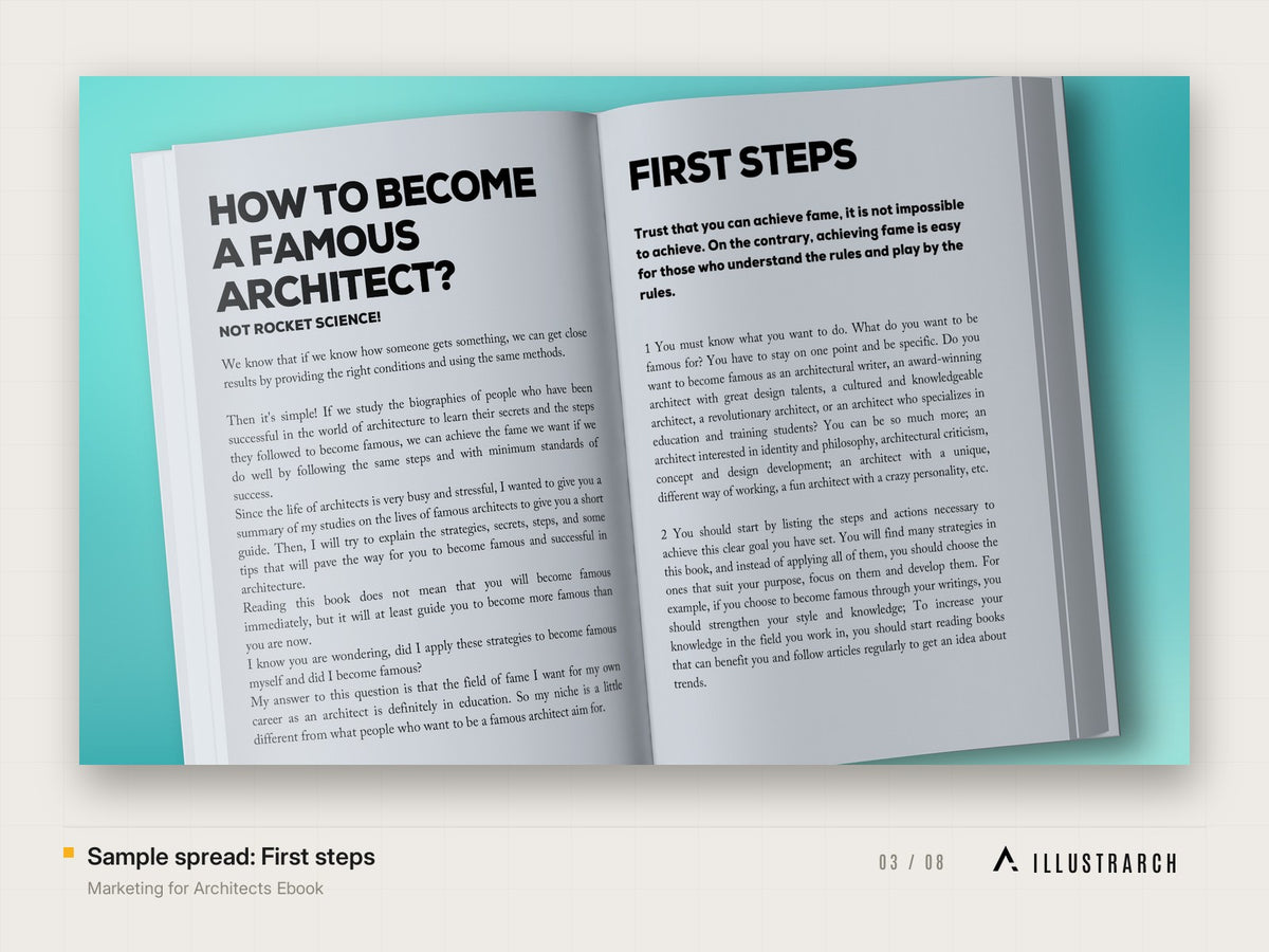 Marketing for Architects Ebook: sample spread first steps