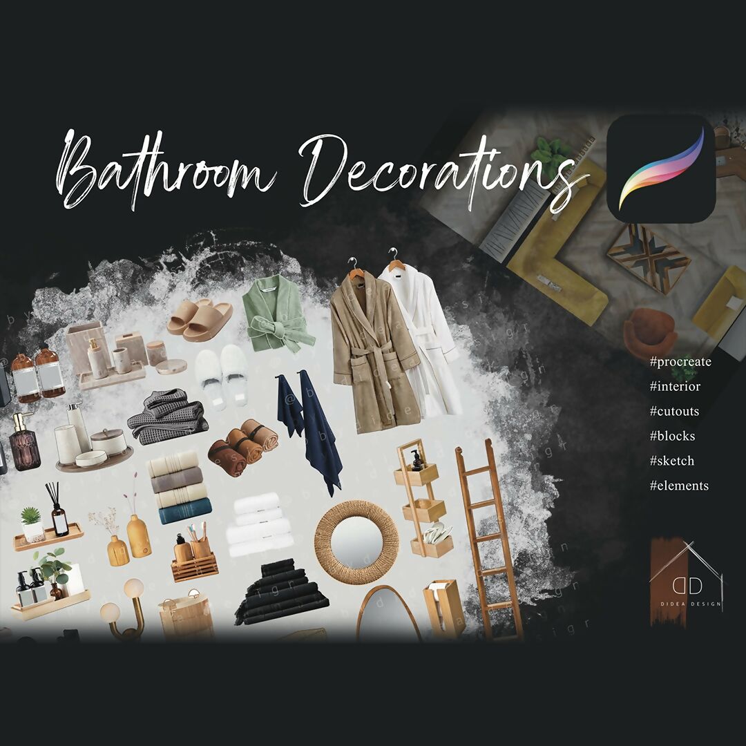 Procreate Bathroom Decorations Cutouts Interior Home Sketch Blocks Elements — cutout pack, preview 1 of 2