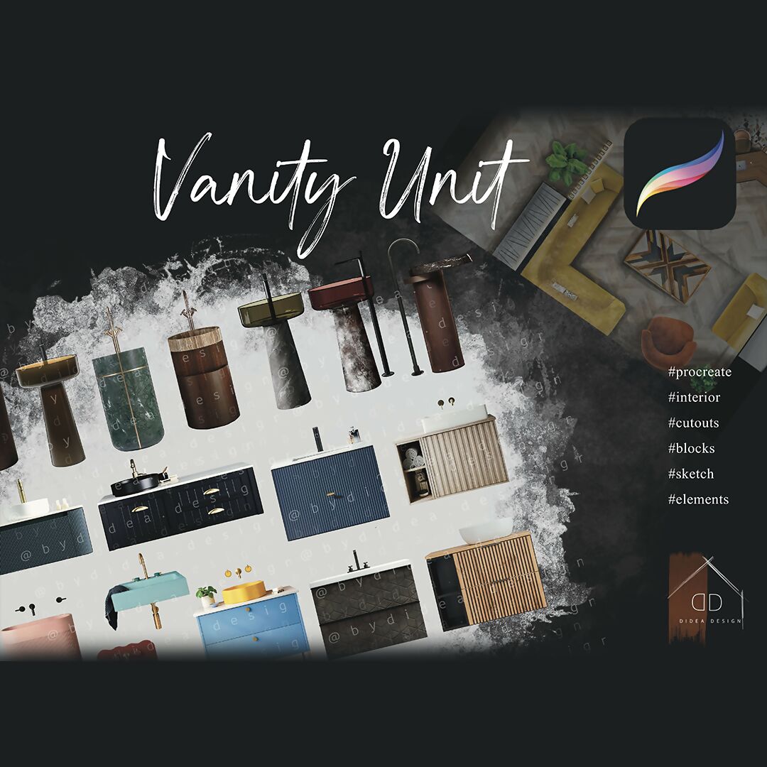 Procreate Bathroom Vanity Unit Cabinet Sink Cutouts Interior Design Interior Sketch Blocks — cutout pack, preview 1 of 2