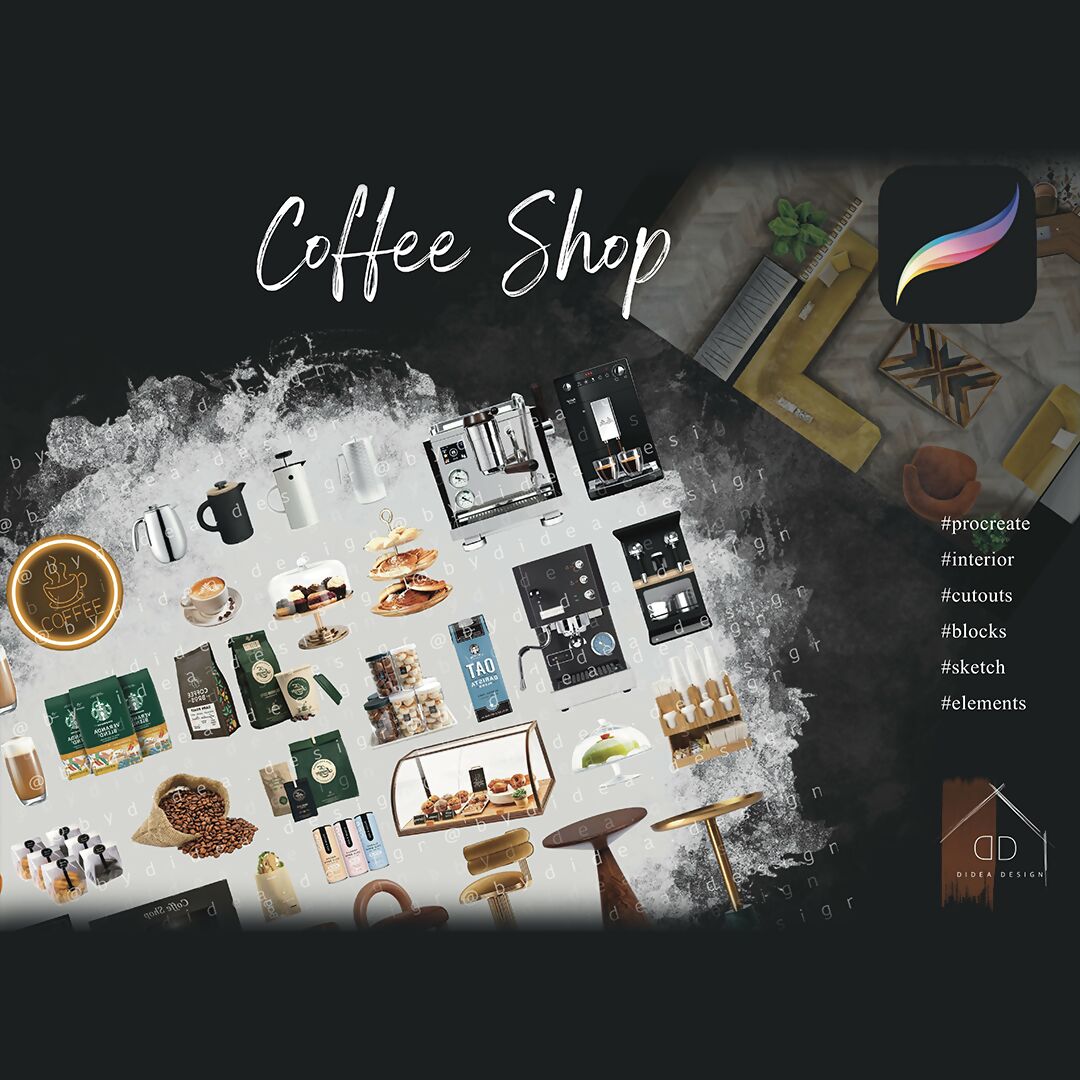 Procreate Coffee Shop Design Interior Sketch Blocks Mockups Elements Cutouts — cutout pack, preview 1 of 2