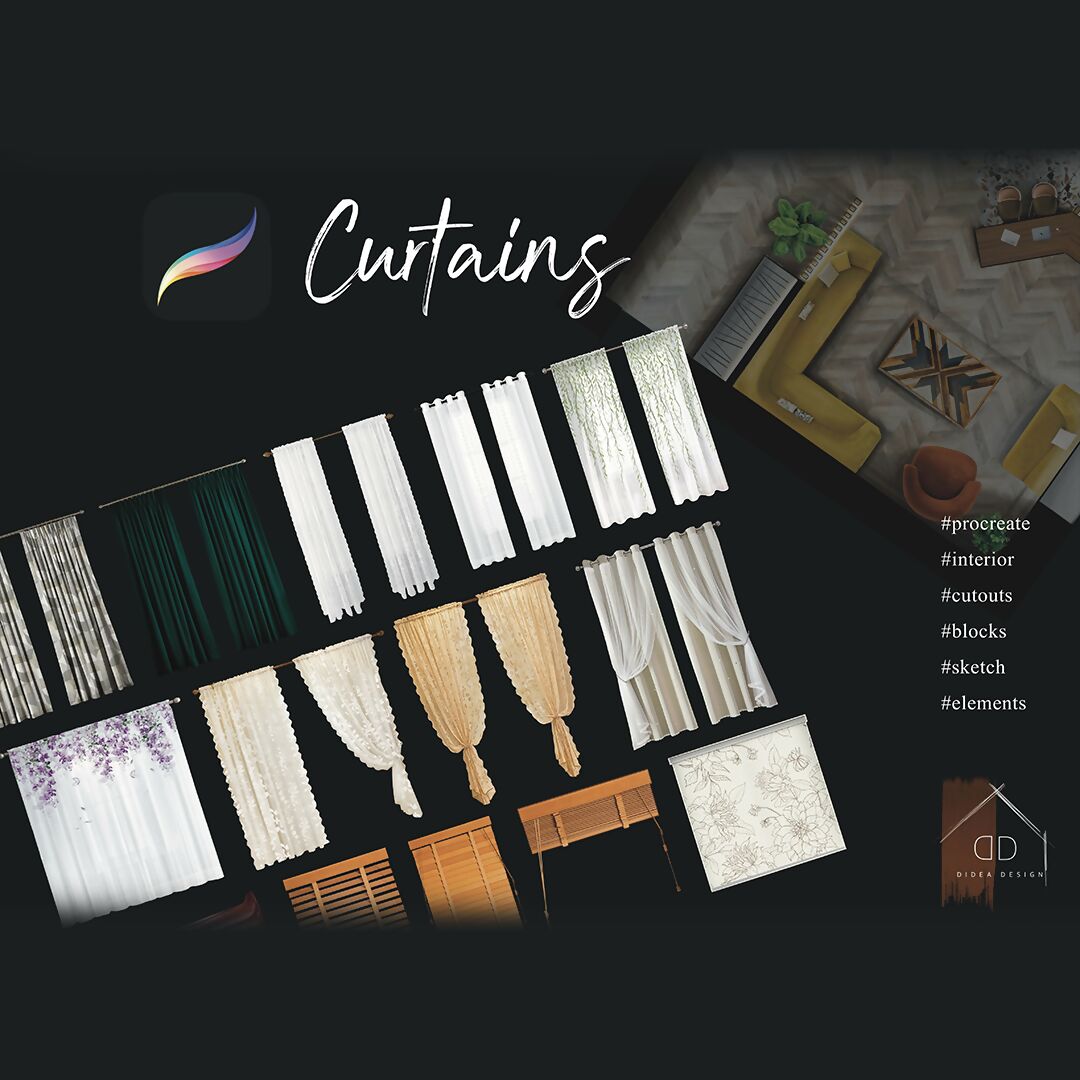 Procreate Curtains Interior Design Interior Sketch Blocks Cutouts Mockups — cutout pack, preview 1 of 2
