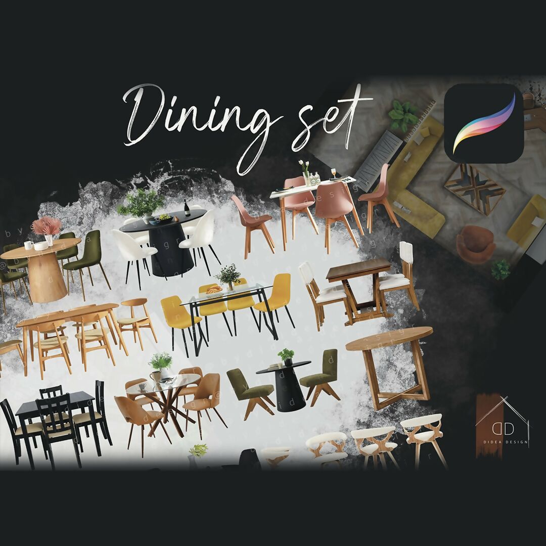 Procreate Interior Design Dining Set Table and Chairs Sketch Blocks Cutouts — cutout pack, preview 1 of 2