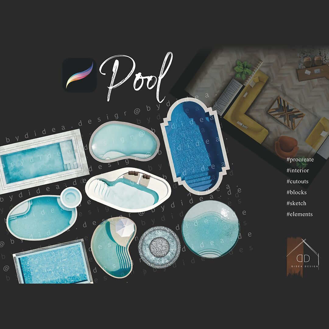 Procreate Pool Swimming Pool Cutouts Interior Design Interior Sketch Mockups — cutout pack, preview 1 of 2