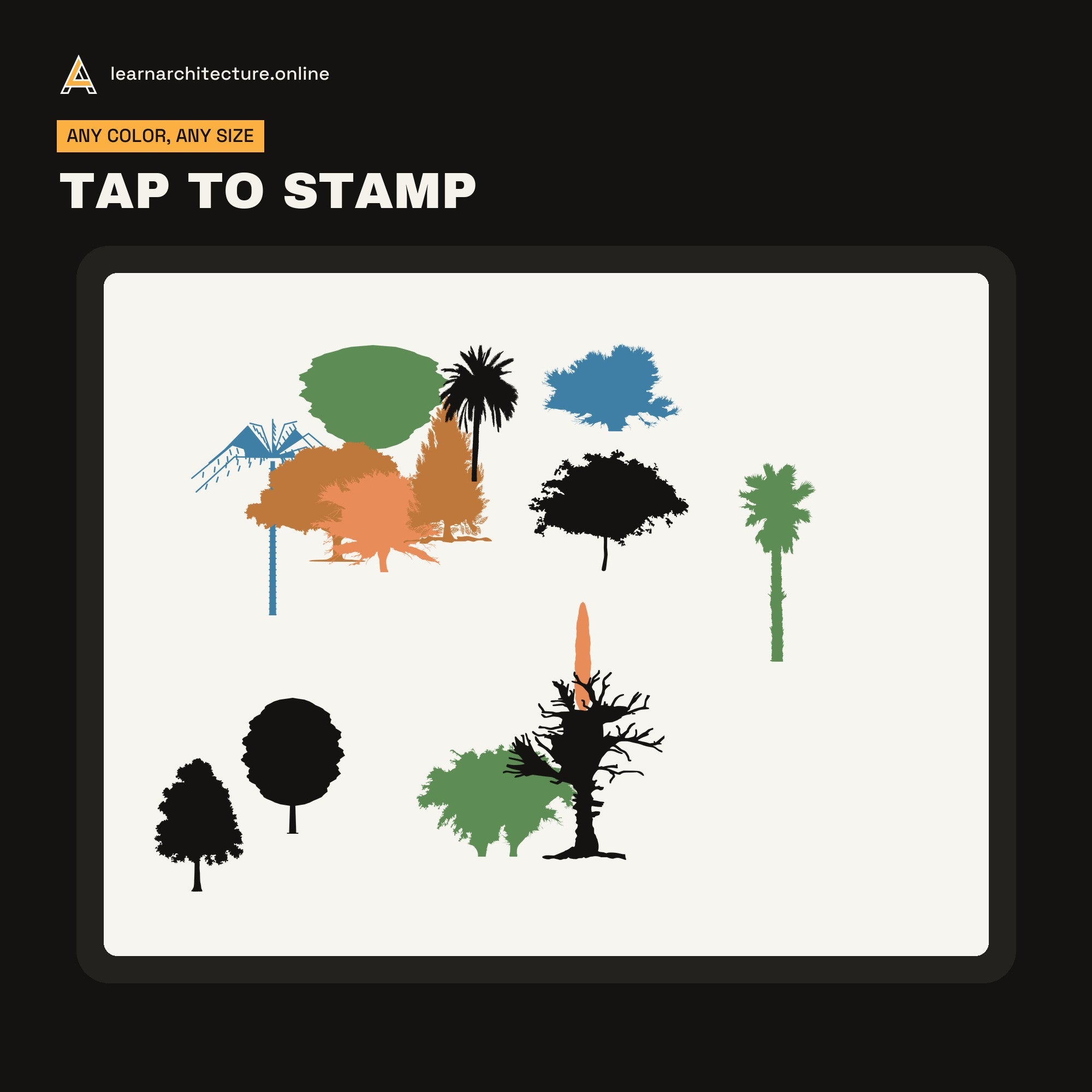 Procreate Stamp Brushes: Tree Elevations stamps on an iPad canvas
