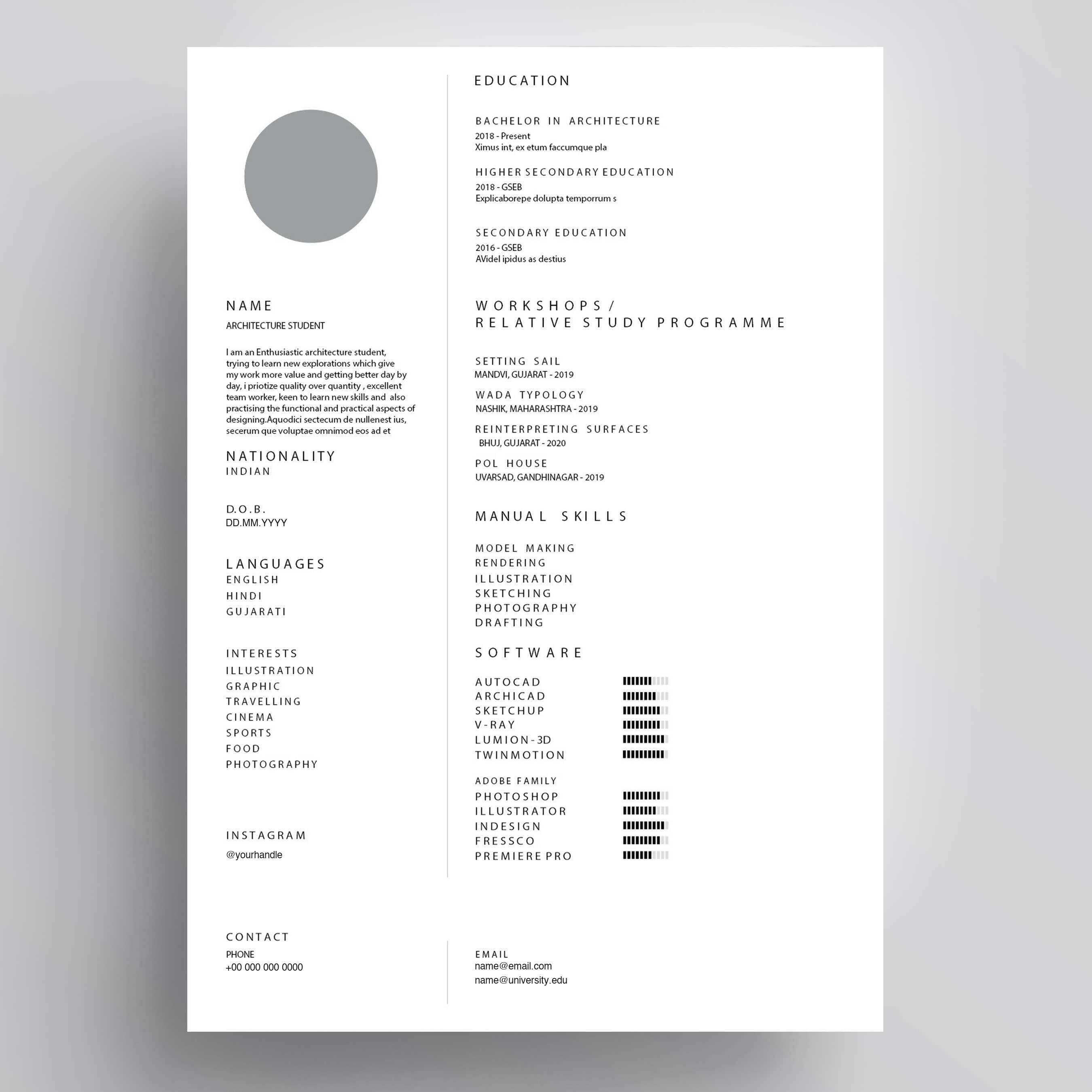 Basic architecture resume template preview with name, education, workshops, skills and software sections