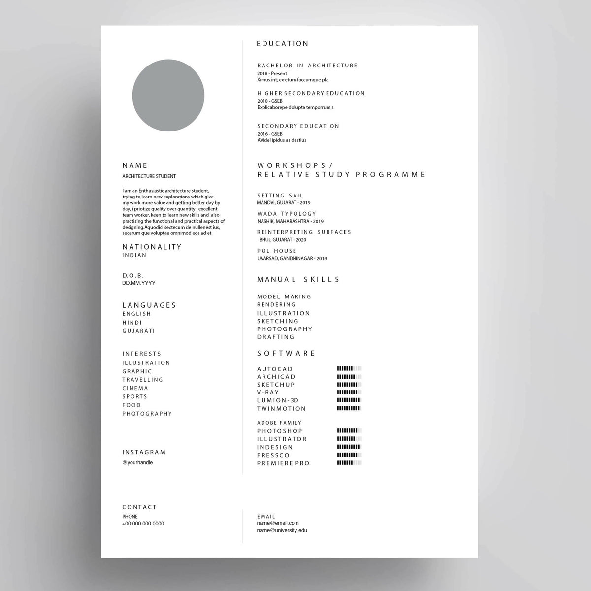 Basic architecture resume template preview with name, education, workshops, skills and software sections