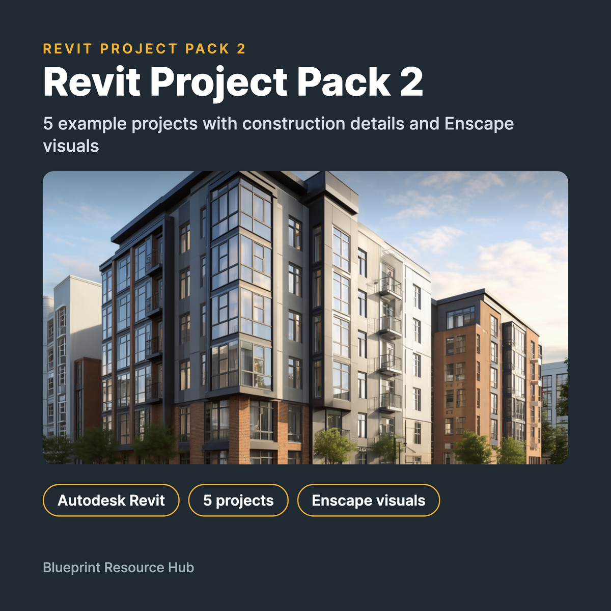 Revit Project Pack 2 cover with an apartment building render: 5 example projects with construction details and Enscape visuals