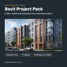Revit Project Pack cover with a residential street render: project details and drawings from 6 example projects