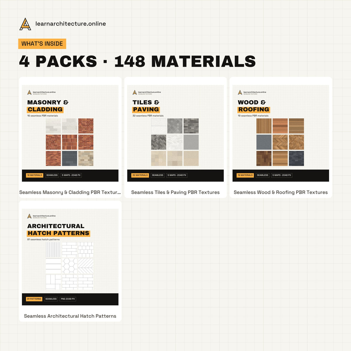 Seamless Textures Bundle: All 4 Packs (148 materials) what's inside