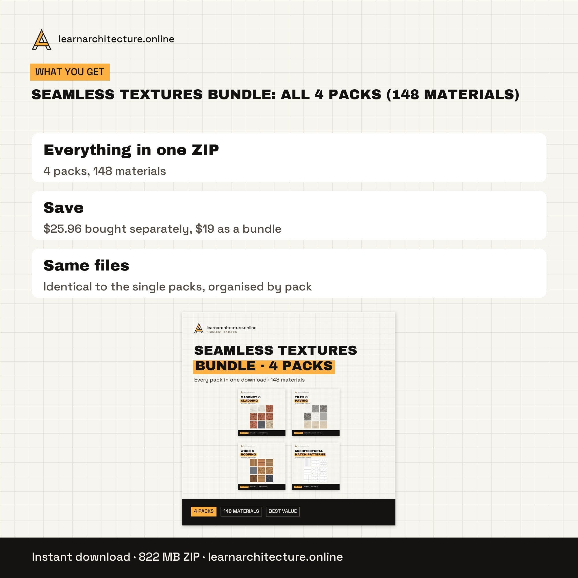 Seamless Textures Bundle: All 4 Packs (148 materials) files and formats