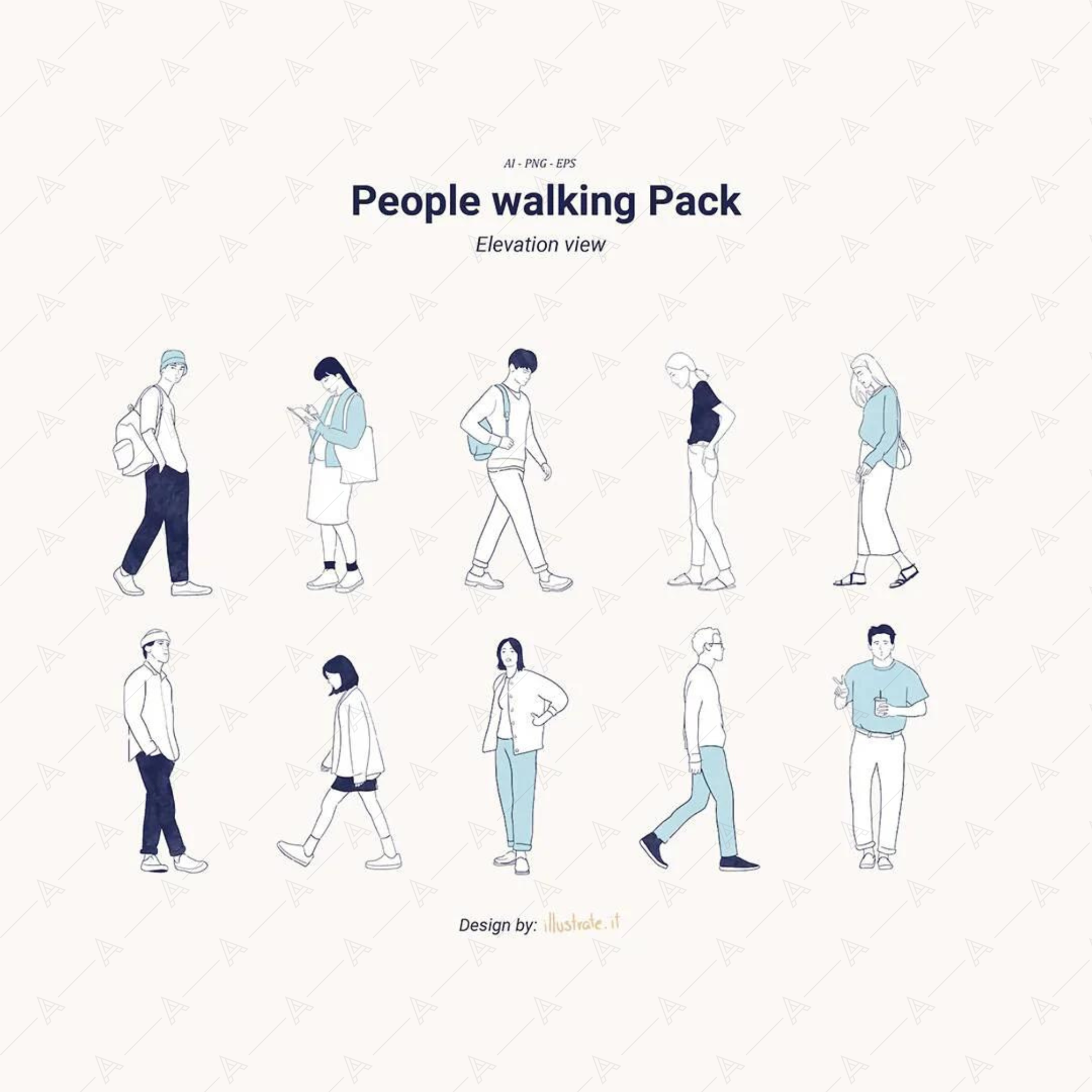 Vector Line Art People Walking Pack — cutout pack for architectural visualisation, preview 1 of 4