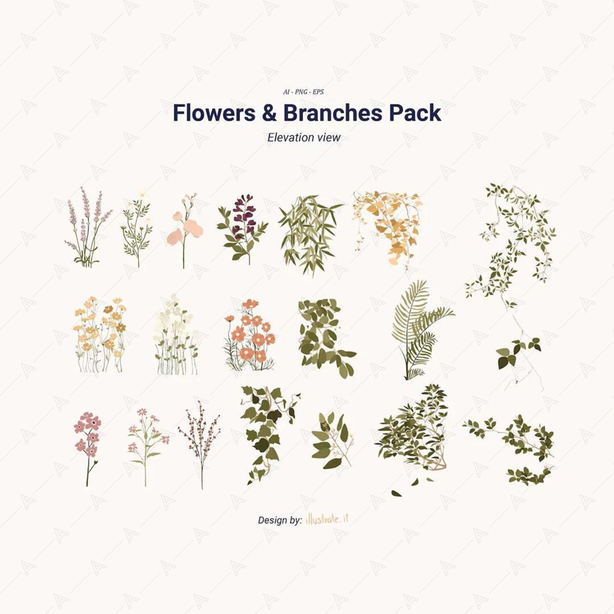Vector Vegetation Branches & Flowers Pack — cutout pack for architectural visualisation, preview 1 of 4