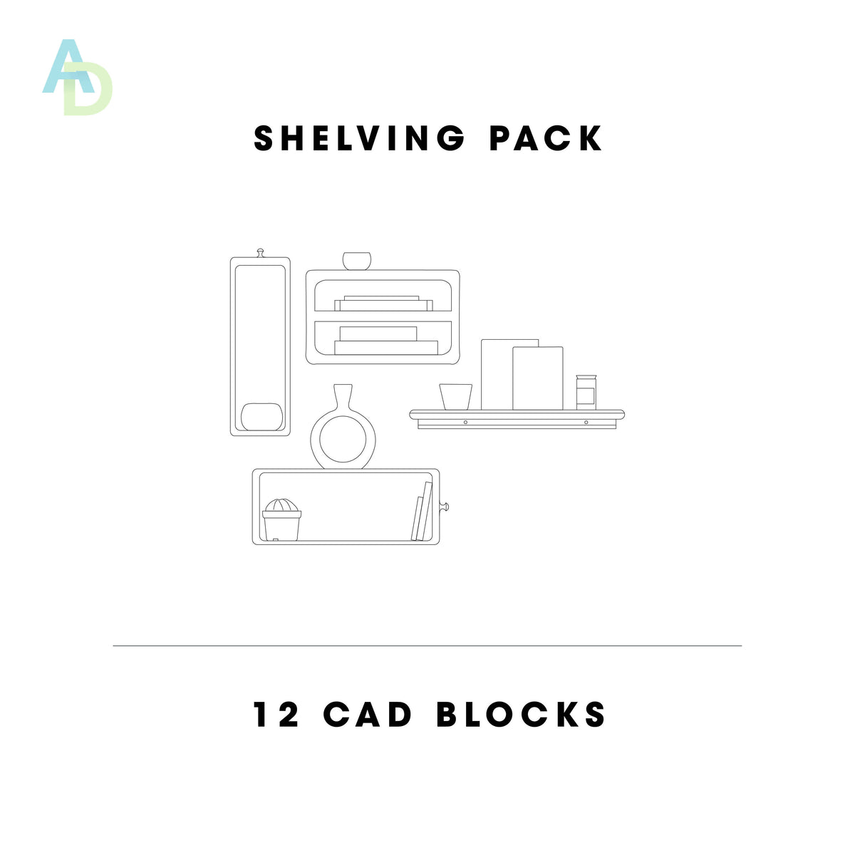 12 Piece Shelf Pack — CAD block set for architectural drawings, preview 1 of 3