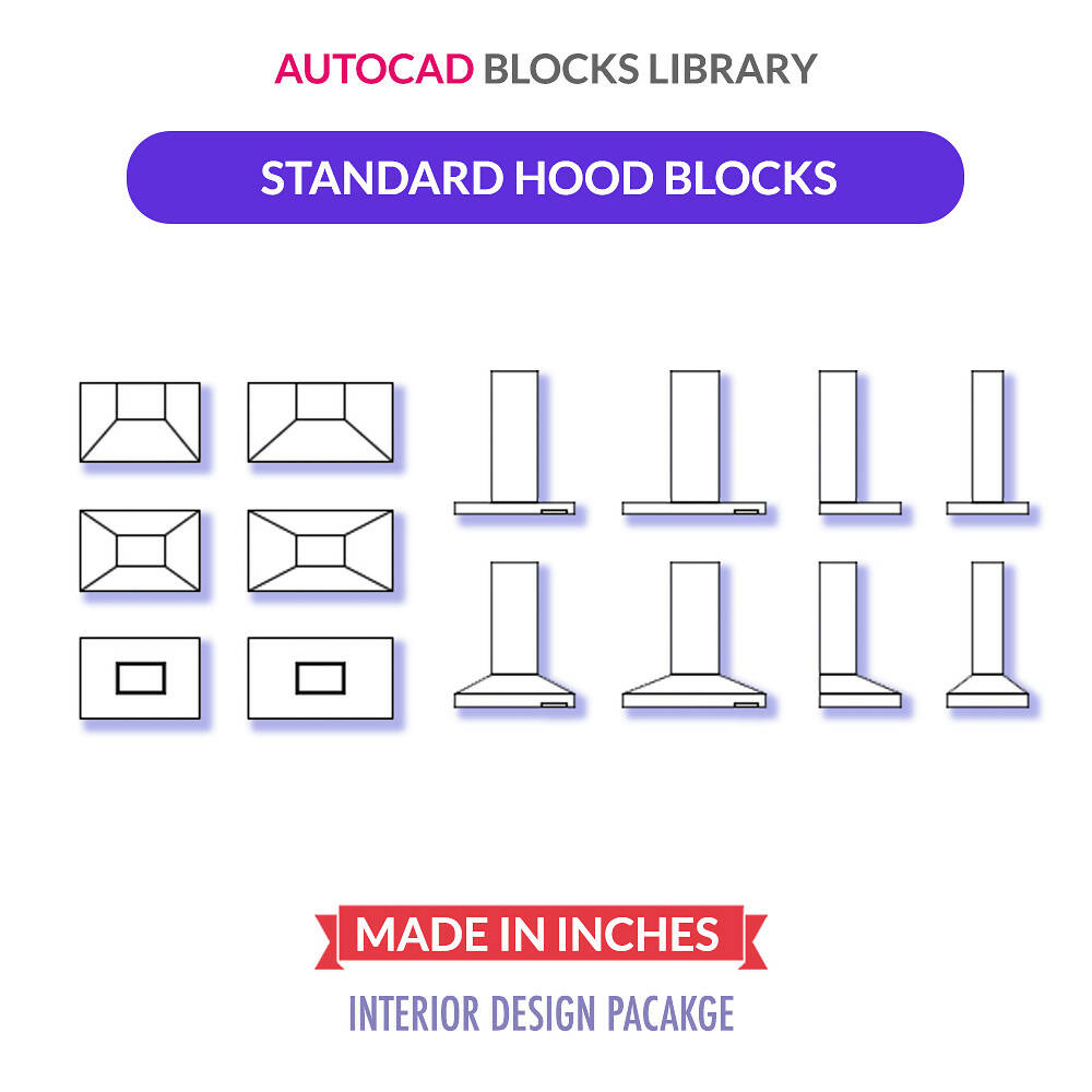 Autocad Standard Hood Blocks | Plan & Elevation Views — CAD block set for architectural drawings