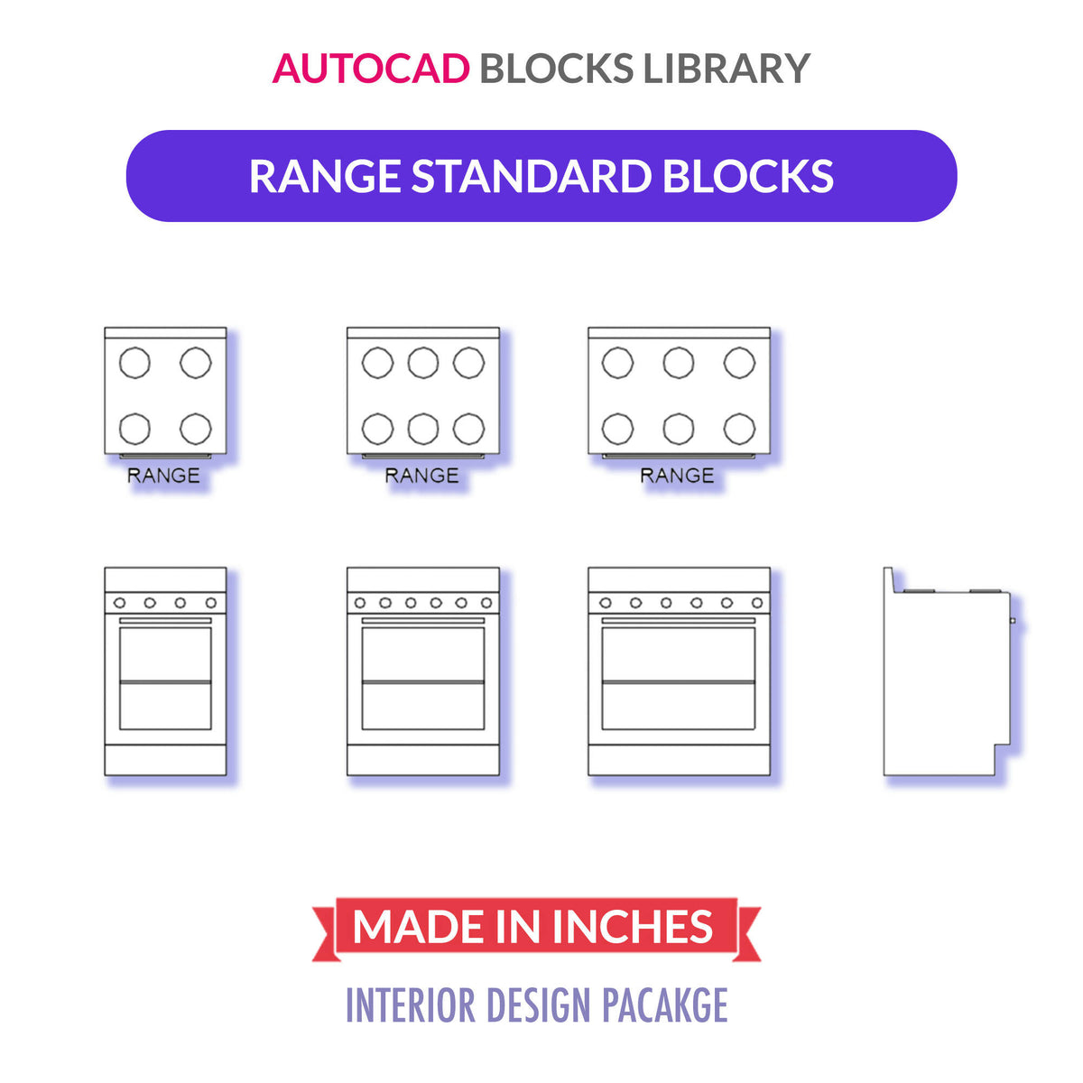 Autocad Standard Range Blocks | Plan - Front & Side Views — CAD block set for architectural drawings