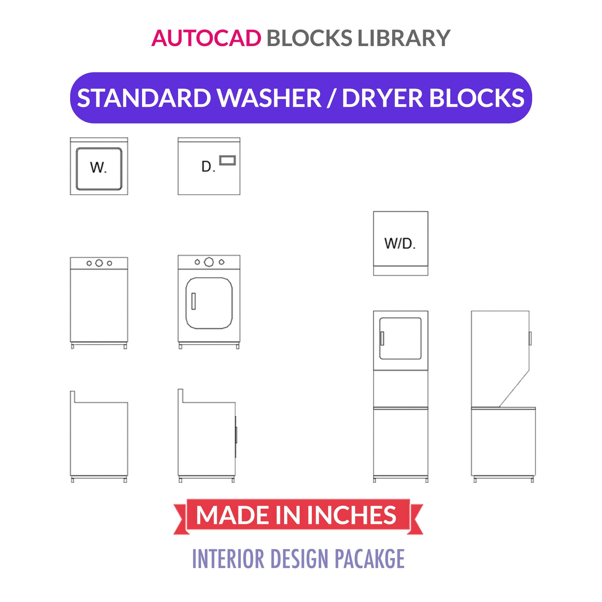Autocad Standard Washer Dryer Blocks | Plan - Front & Side View — CAD block set for architectural drawings