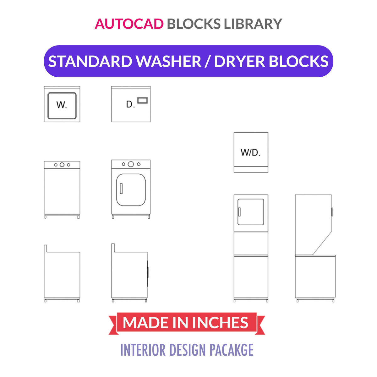 Autocad Standard Washer Dryer Blocks | Plan - Front & Side View — CAD block set for architectural drawings