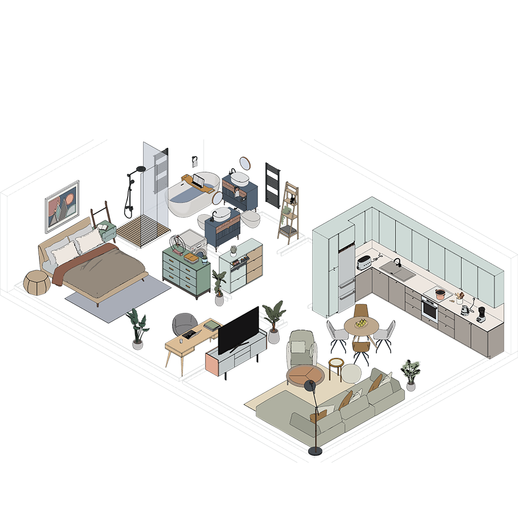 Axonometric Home Furniture Cutout Pack — cutout pack for architectural visualisation, preview 1 of 3