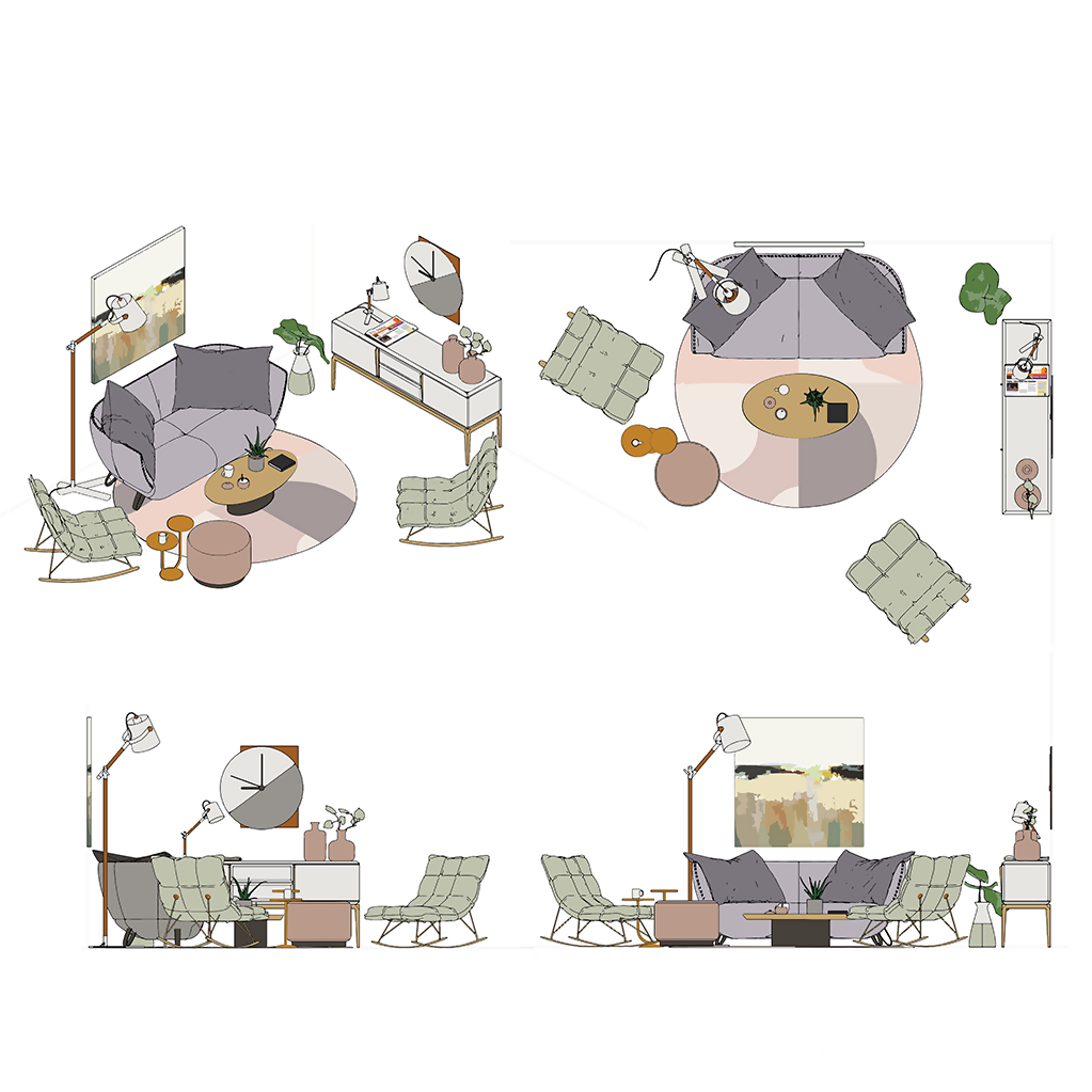 Axonometric Top Front and Side View Living Room Furniture Cutout Pack — cutout pack, preview 2 of 3