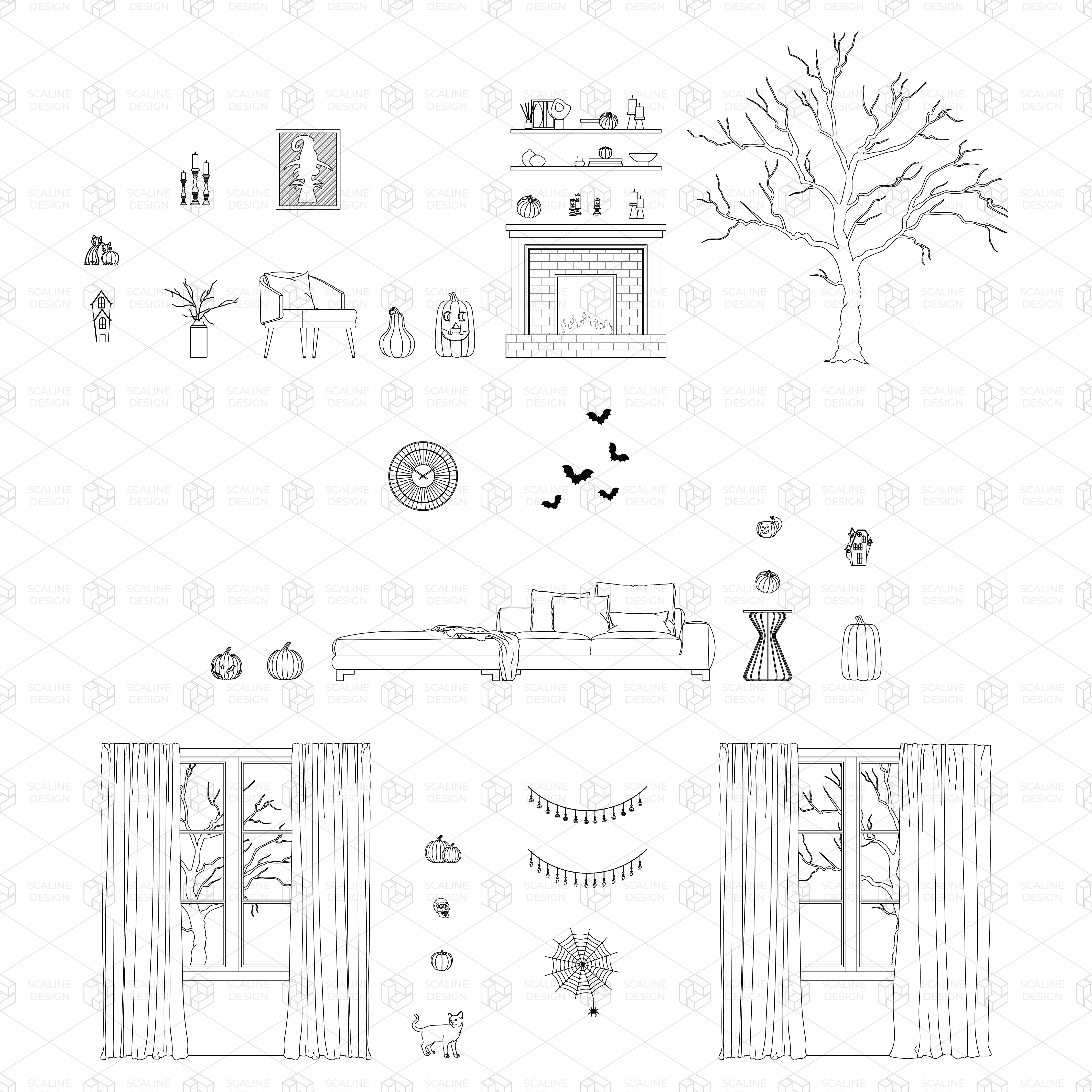 CAD & Vector Autumn and Halloween Decoration — CAD block set for architectural drawings, preview 1 of 4