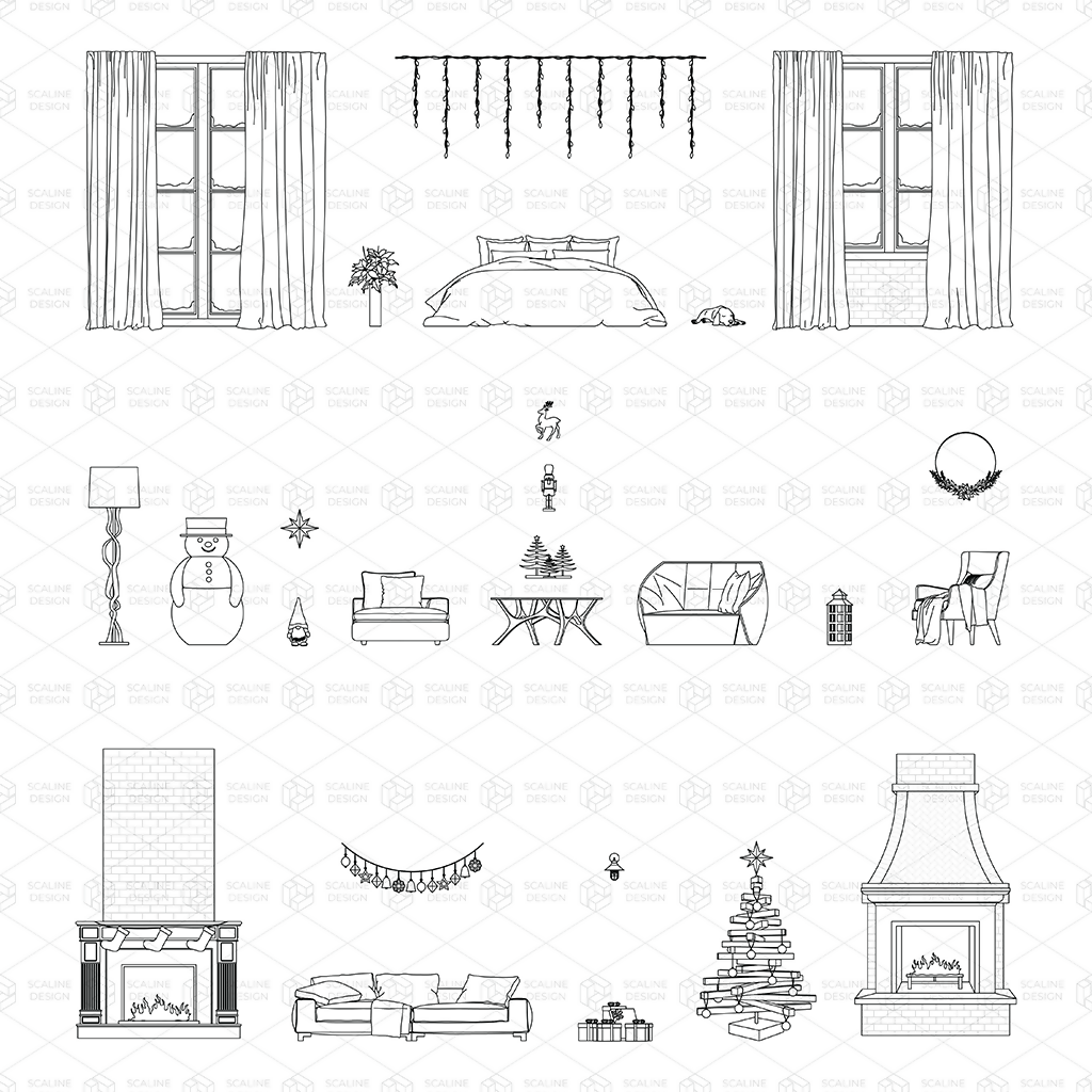 CAD & Vector Christmas Minimalist Furniture and Decoration (Elevation) — CAD block set, preview 1 of 4