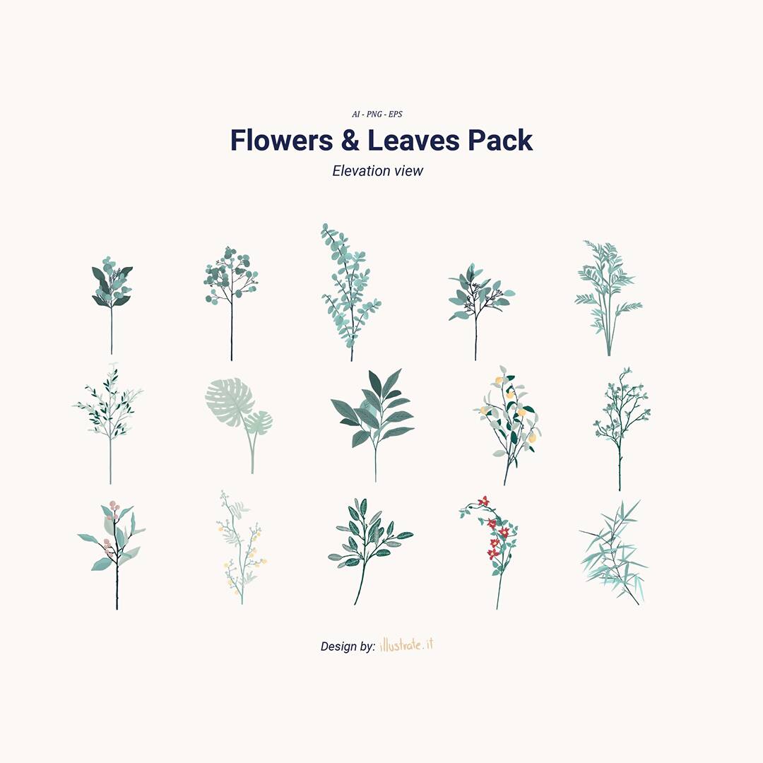Flat Vector Flower And Leaves Pack — cutout pack for architectural visualisation, preview 1 of 4