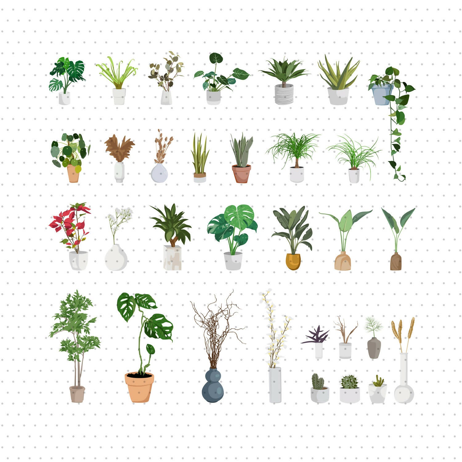 Flat Vector Indoor Plants (32 Vectors & PNGs) — cutout pack for architectural visualisation, preview 1 of 5