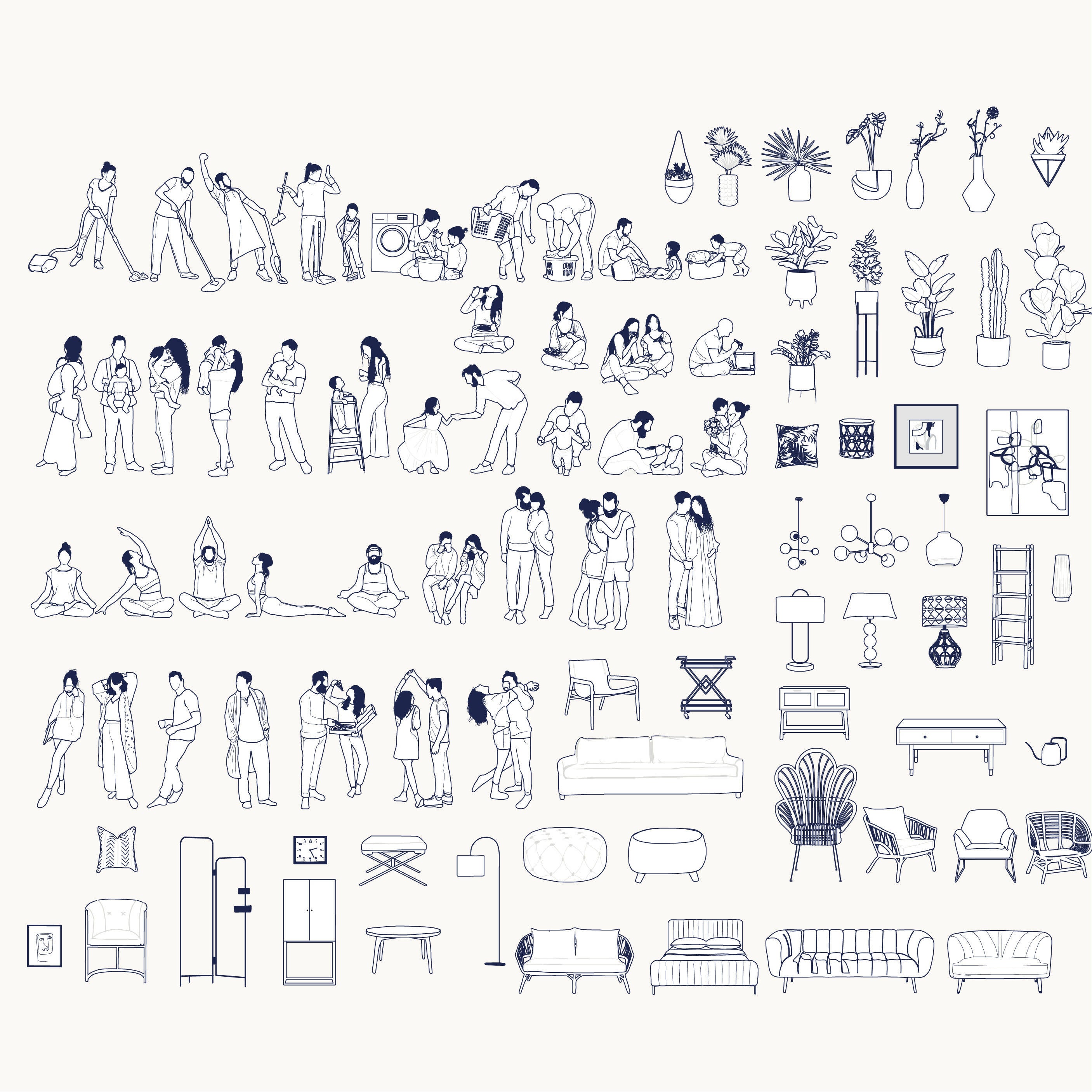 Flat Vector People At Home Set — cutout pack for architectural visualisation, preview 2 of 2