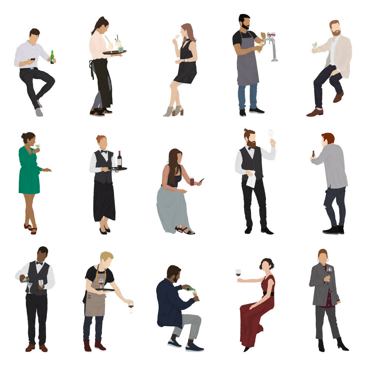 Flat Vector People at the Bar/Pub — cutout pack for architectural visualisation