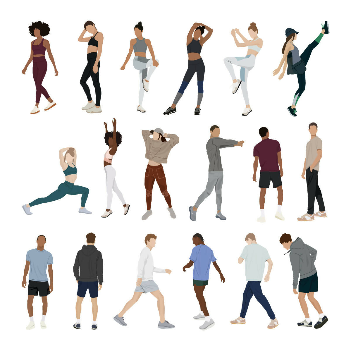 Flat Vector People Exercising — cutout pack for architectural visualisation