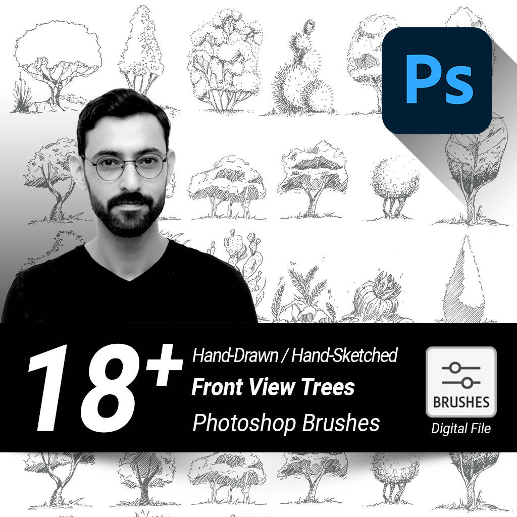 Hand-Drawn / Hand-Sketched / Front View Trees / Photoshop Brushes / SET#02 — brush set, preview 1 of 10