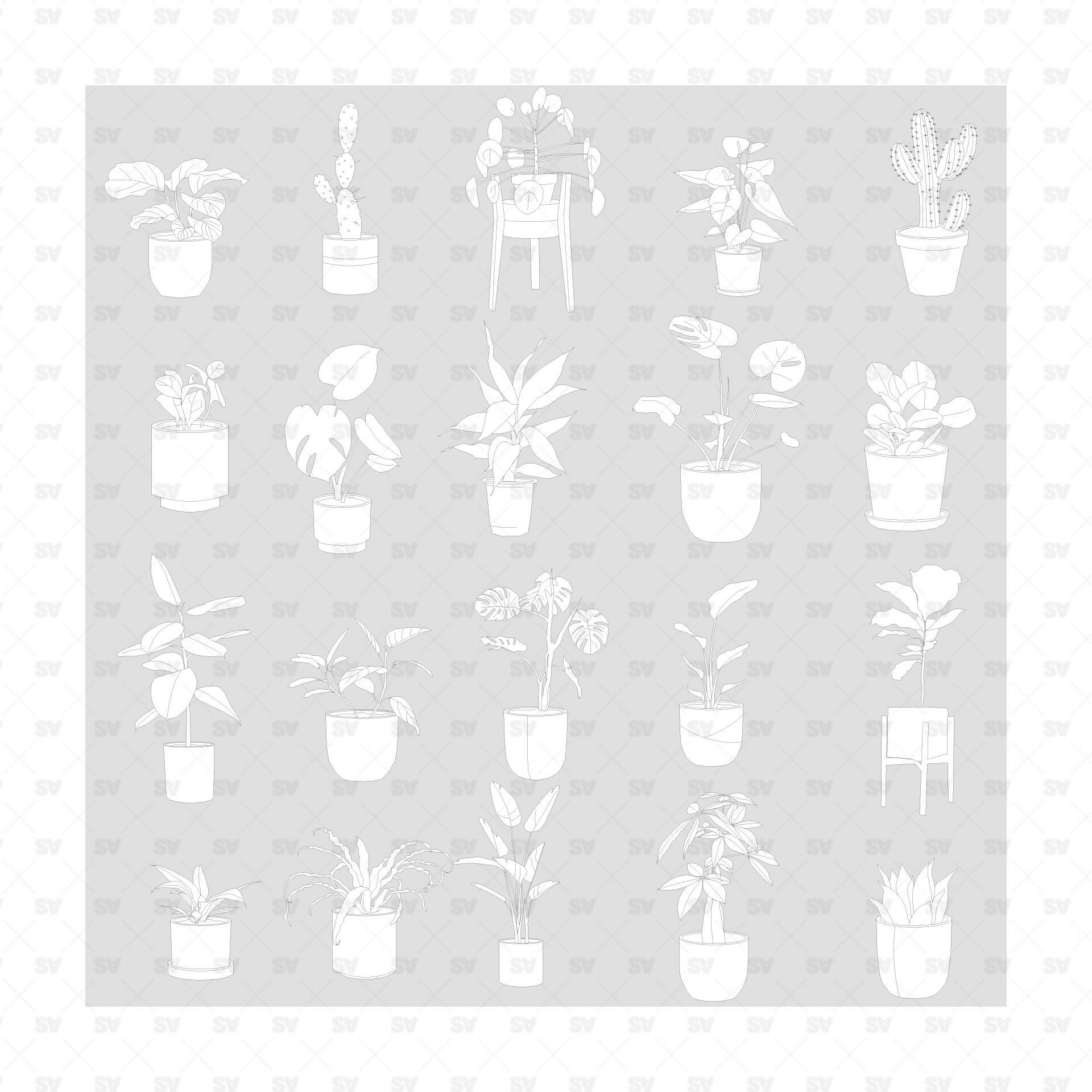 Indoor Plants Outline (20 Figures) — cutout pack for architectural visualisation, preview 1 of 4
