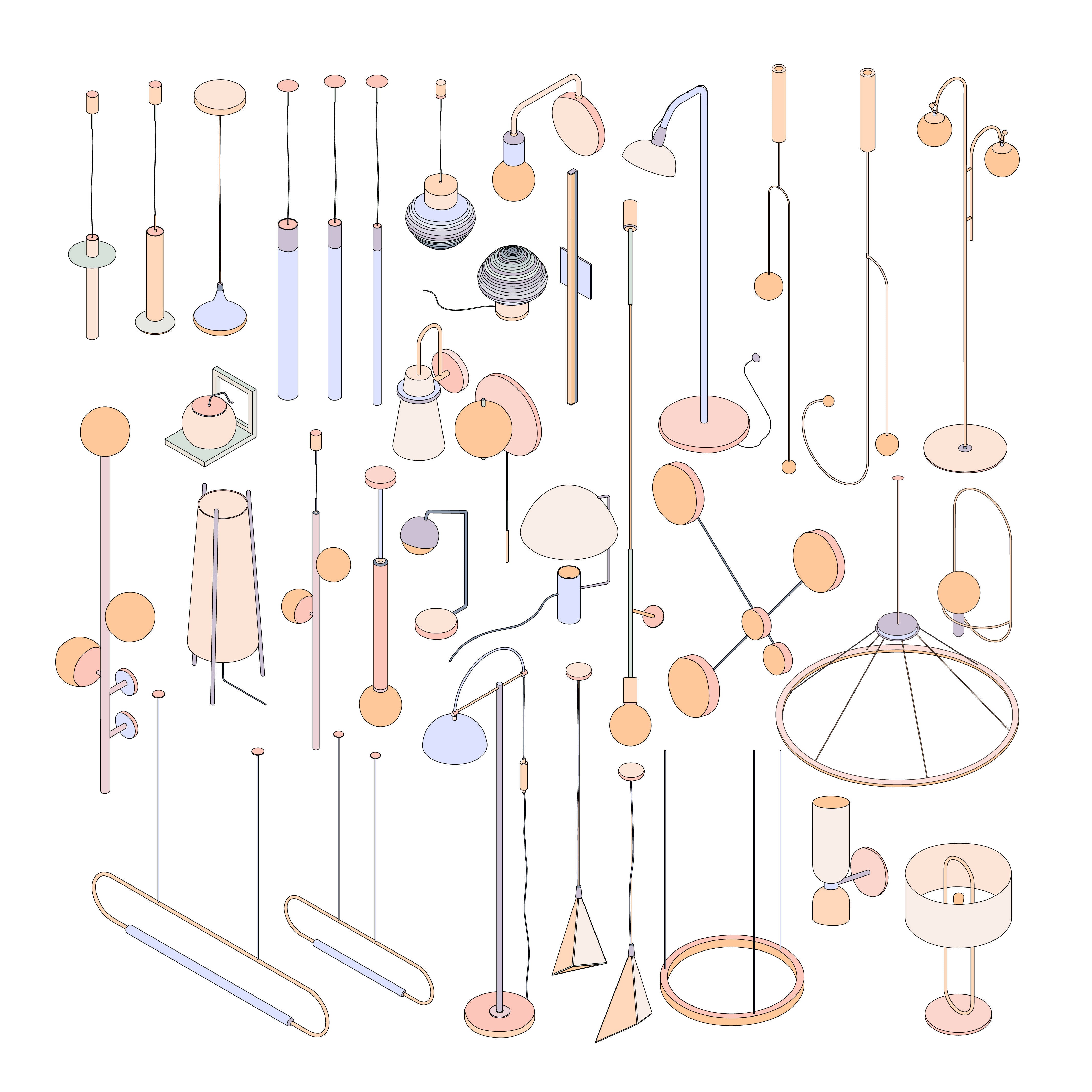 Interior Lamps Vectors and Outline (35 Figures) — cutout pack for architectural visualisation, preview 1 of 3
