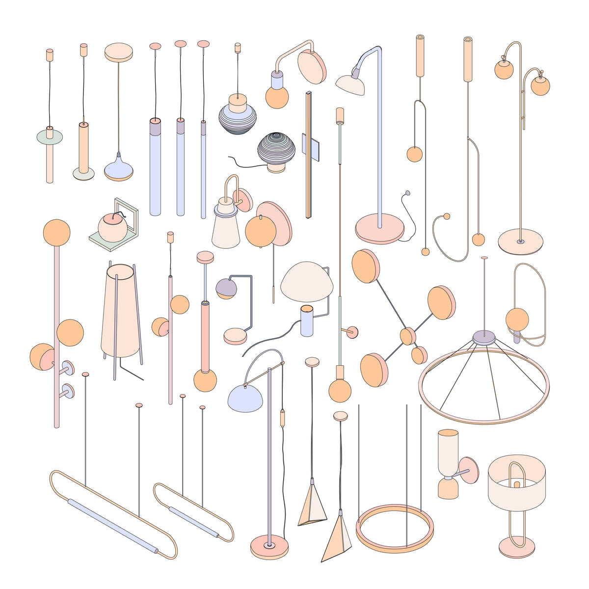 Interior Lamps Vectors and Outline (35 Figures) — cutout pack for architectural visualisation, preview 1 of 3