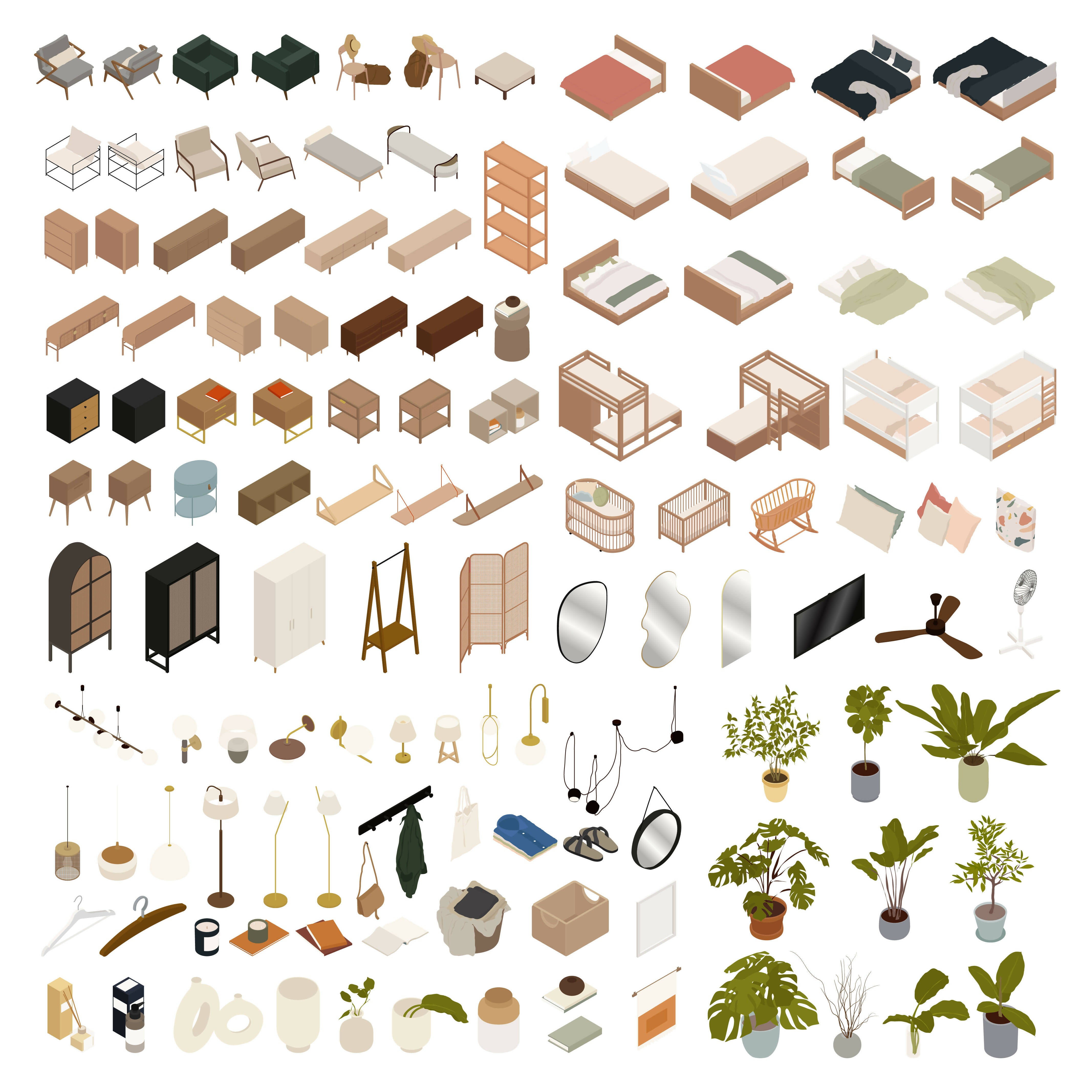 Isometric Bedroom Library (125 figures) — cutout pack for architectural visualisation, preview 1 of 8