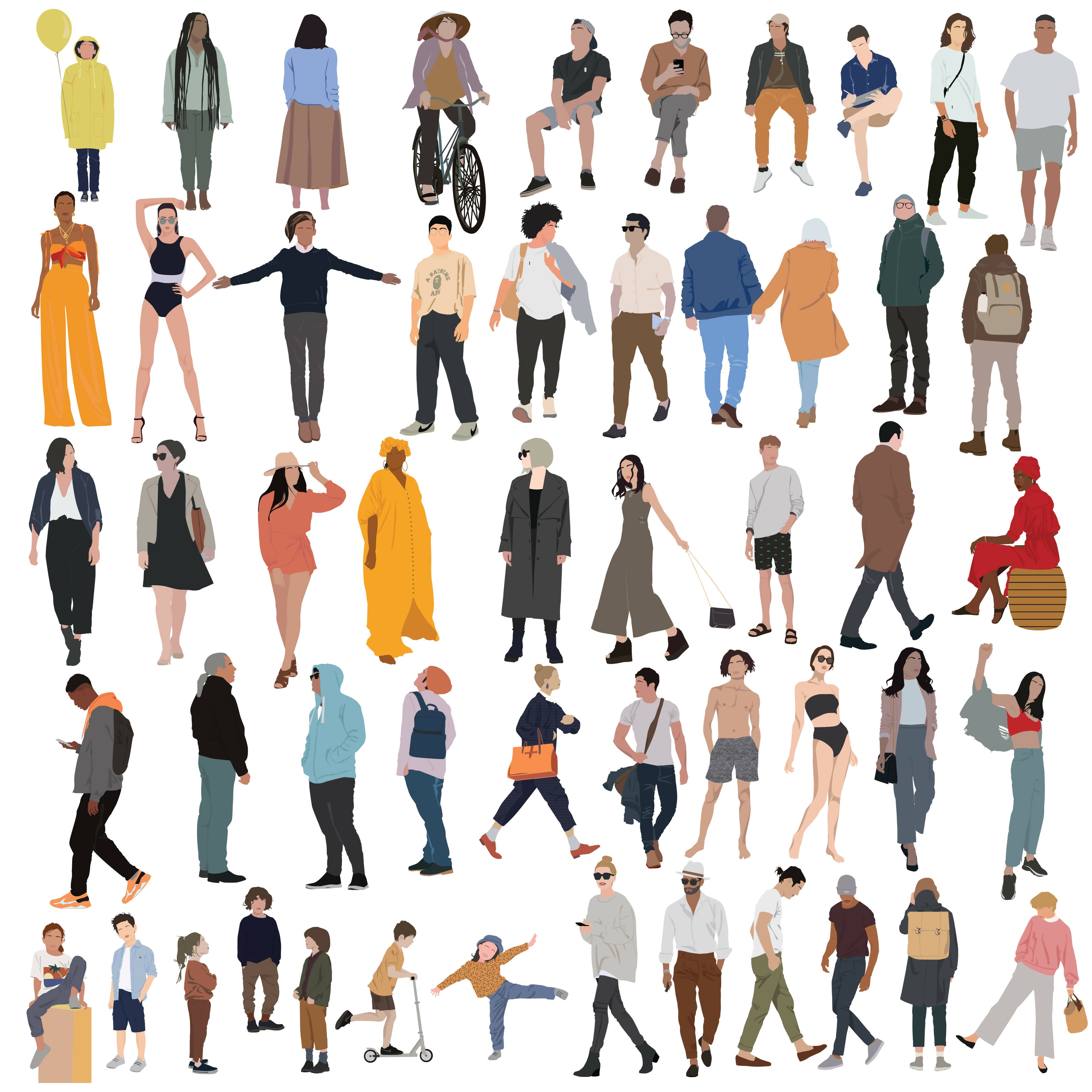 Mega Pack of 52 Vector People Human Scales — cutout pack for architectural visualisation, preview 1 of 4