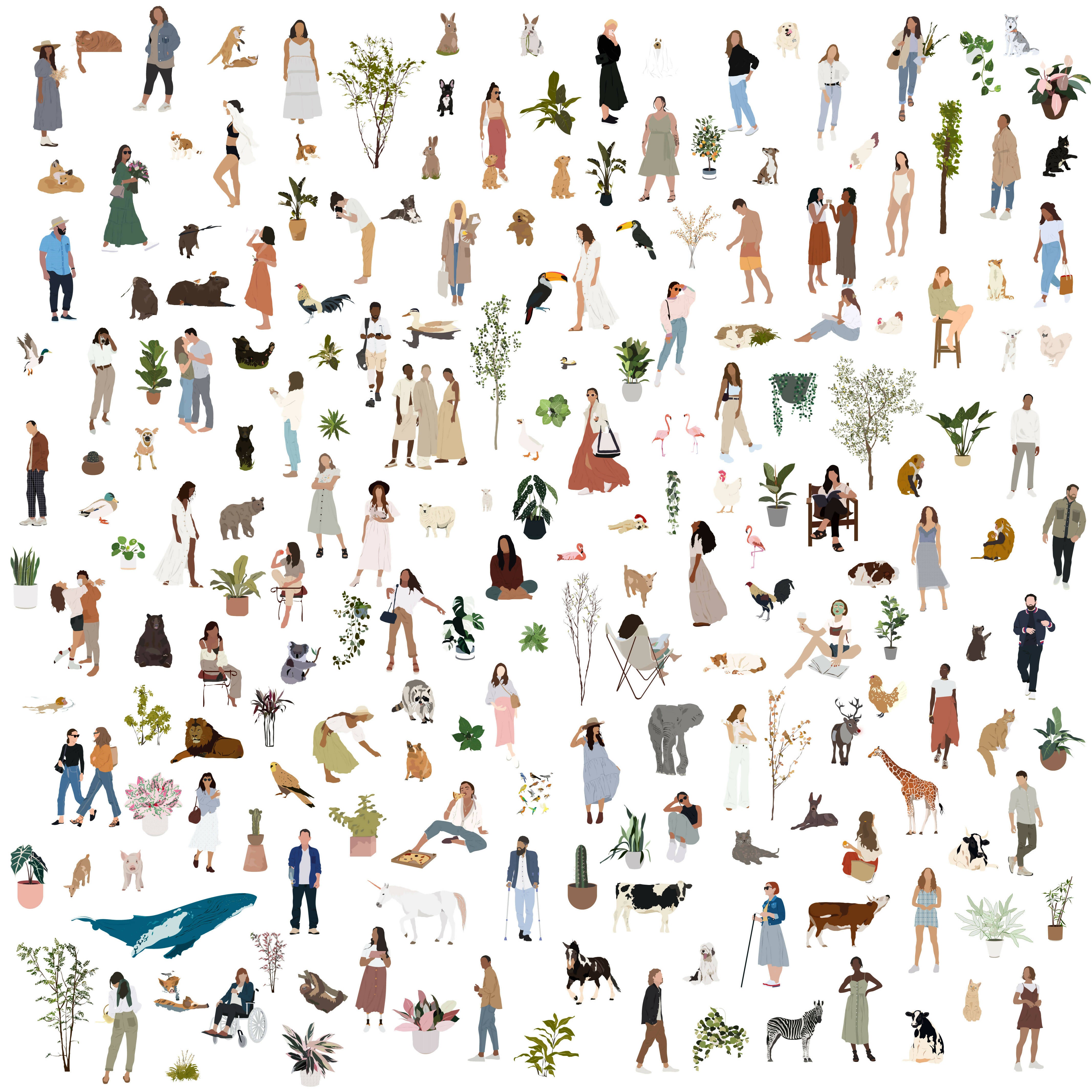 Mega Vector Pack: People, Plants & Animals (220 Figures) — cutout pack for architectural visualisation, preview 1 of 6