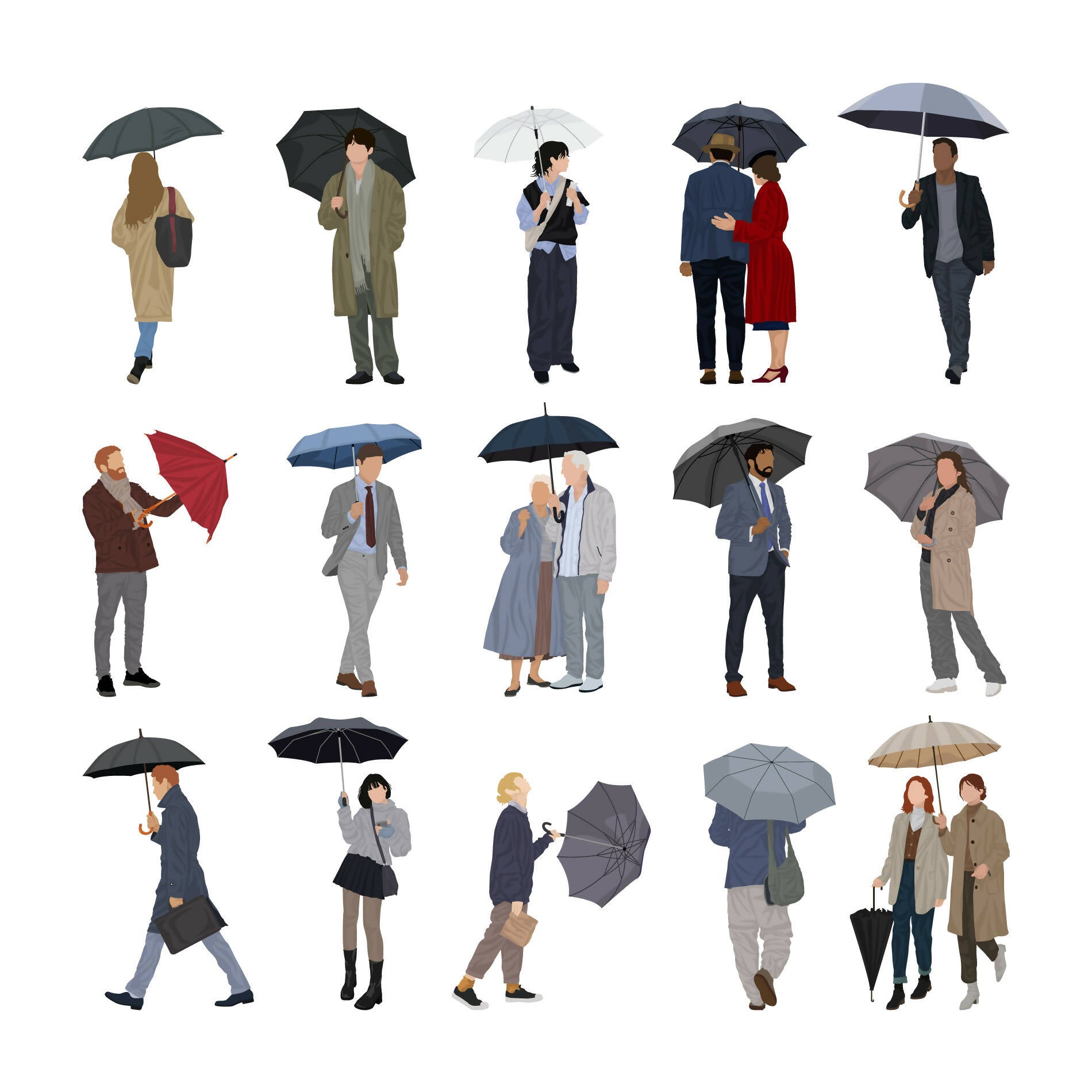 People With Umbrellas (15 Figures) — cutout pack for architectural visualisation, preview 1 of 3