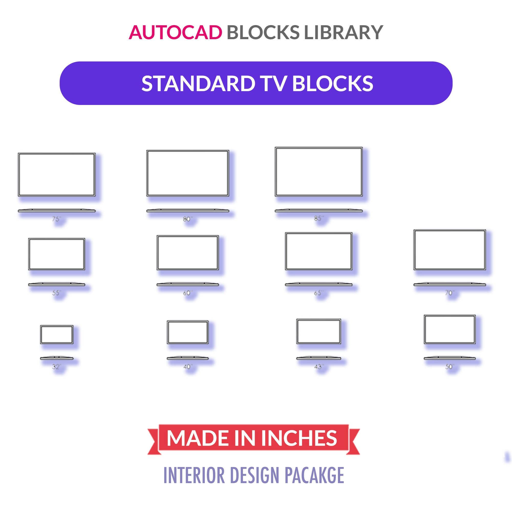 Standard TV Sizes Blocks | Plans & Elevations — CAD block set for architectural drawings