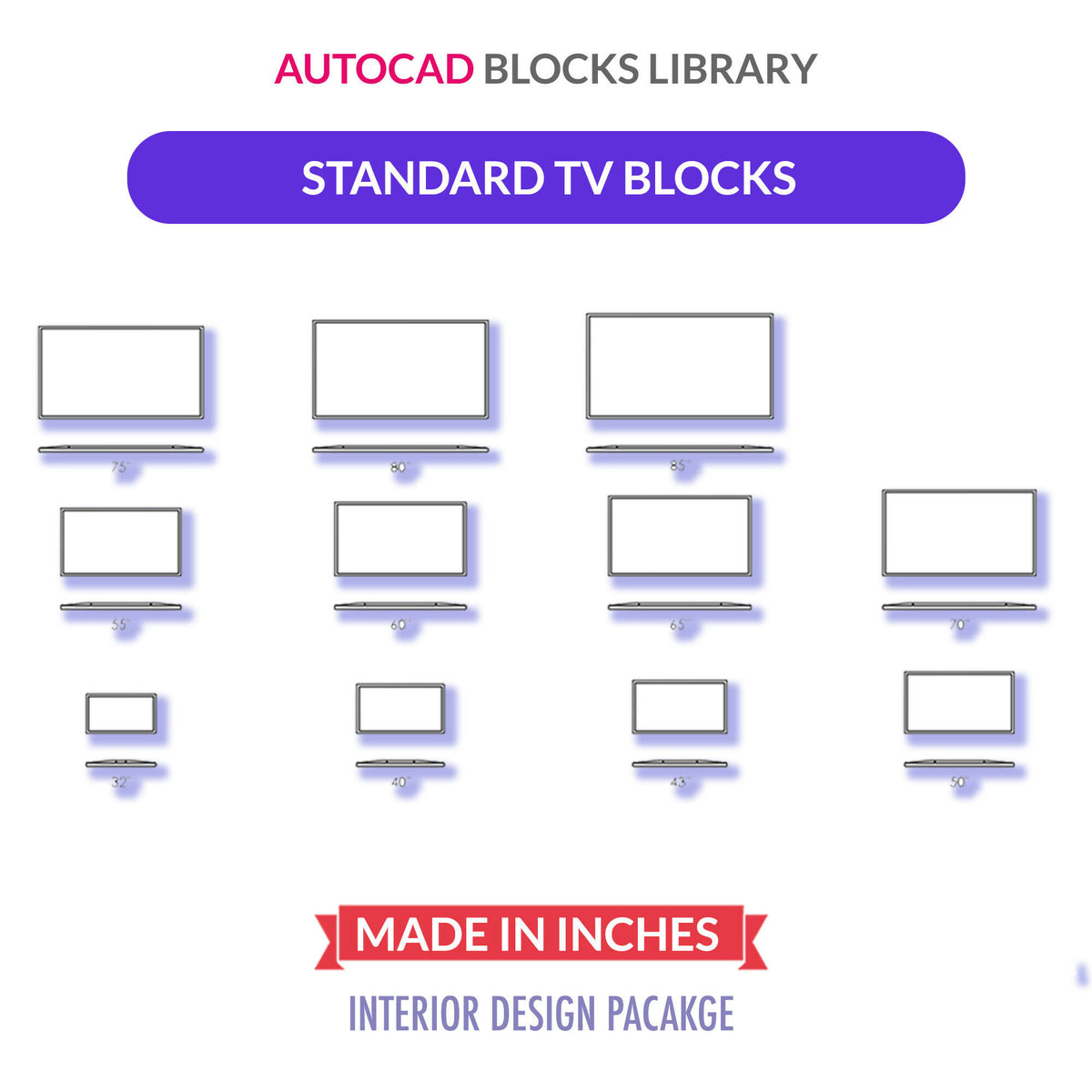 Standard TV Sizes Blocks | Plans & Elevations — CAD block set for architectural drawings