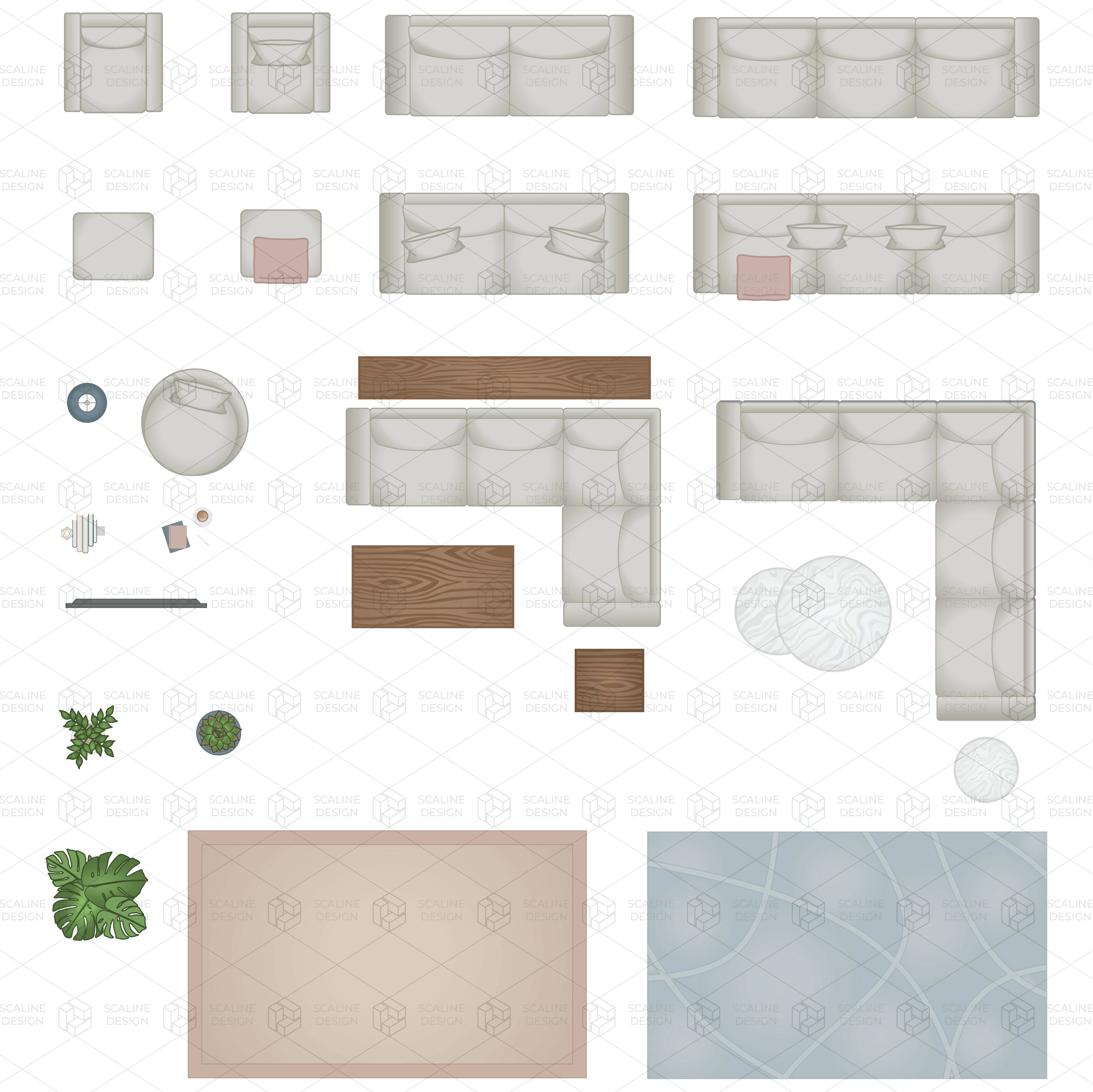 Vector & PNG Living Room Top View Furniture — cutout pack for architectural visualisation, preview 1 of 3