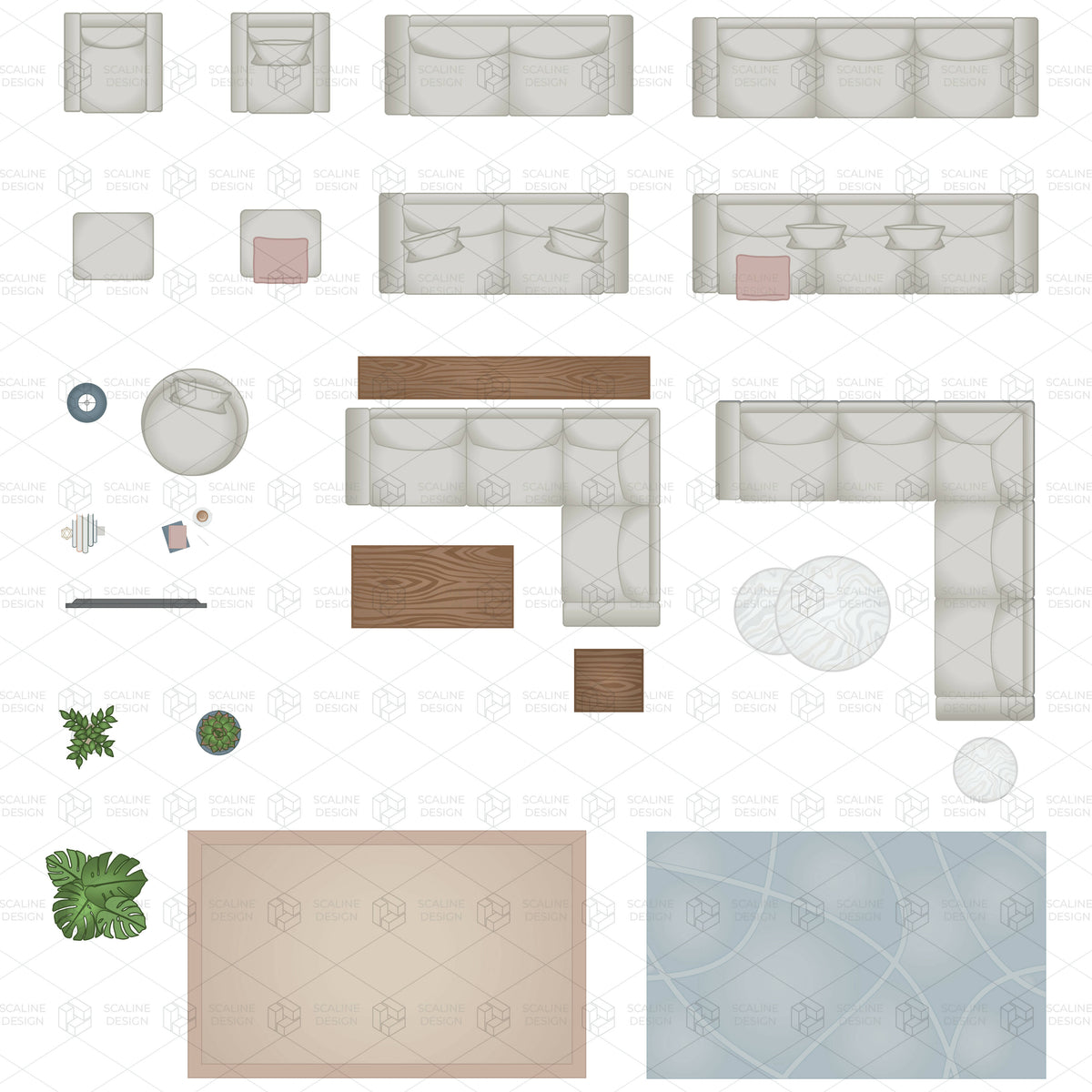 Vector & PNG Living Room Top View Furniture — cutout pack for architectural visualisation, preview 1 of 3