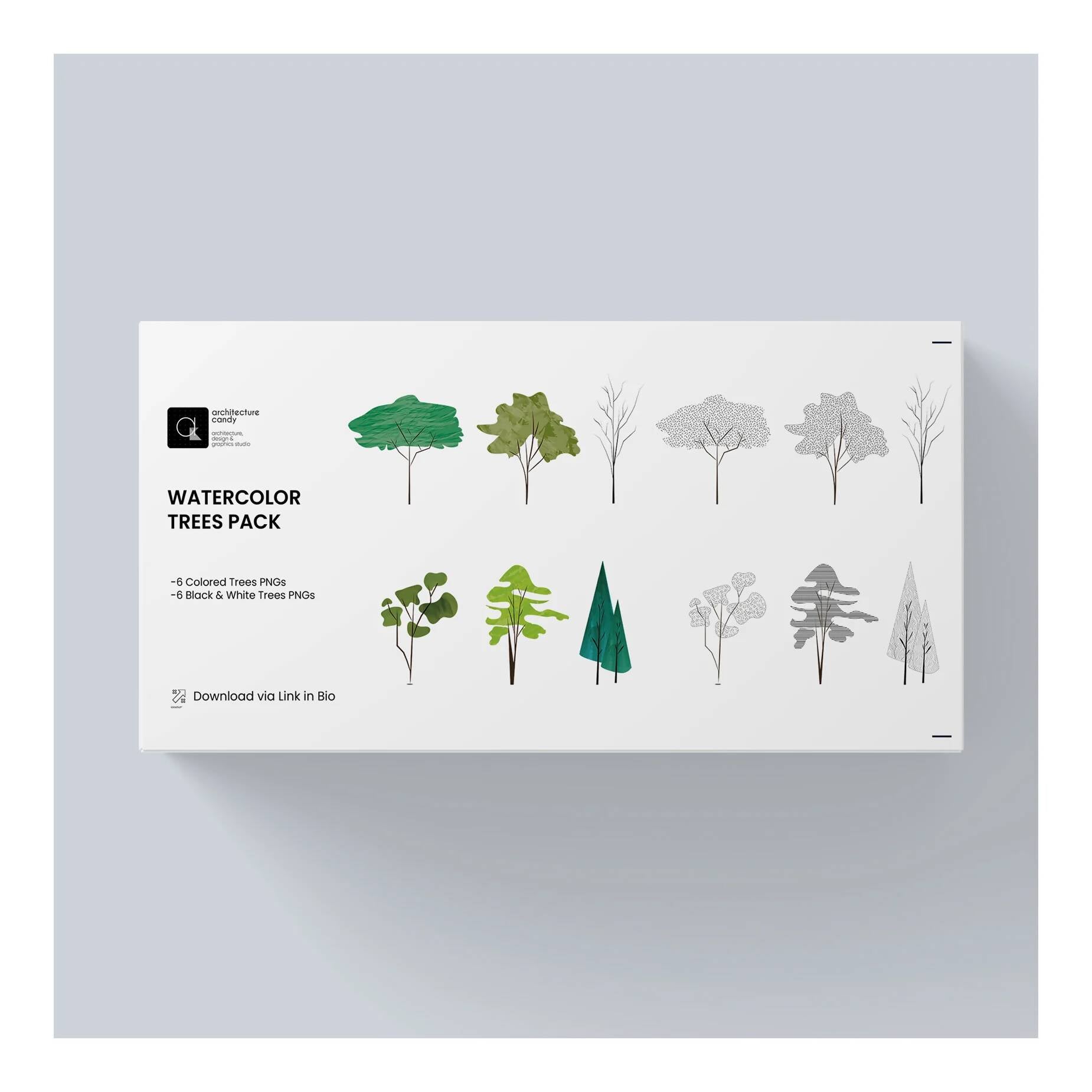 Watercolor Tree PNG Pack — cutout pack for architectural visualisation