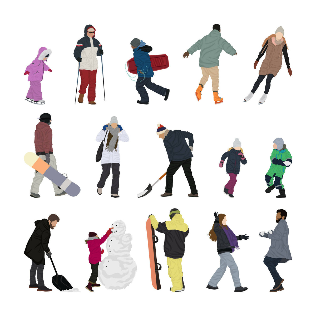 Winter Activities People (15 figures) — cutout pack for architectural visualisation, preview 1 of 3